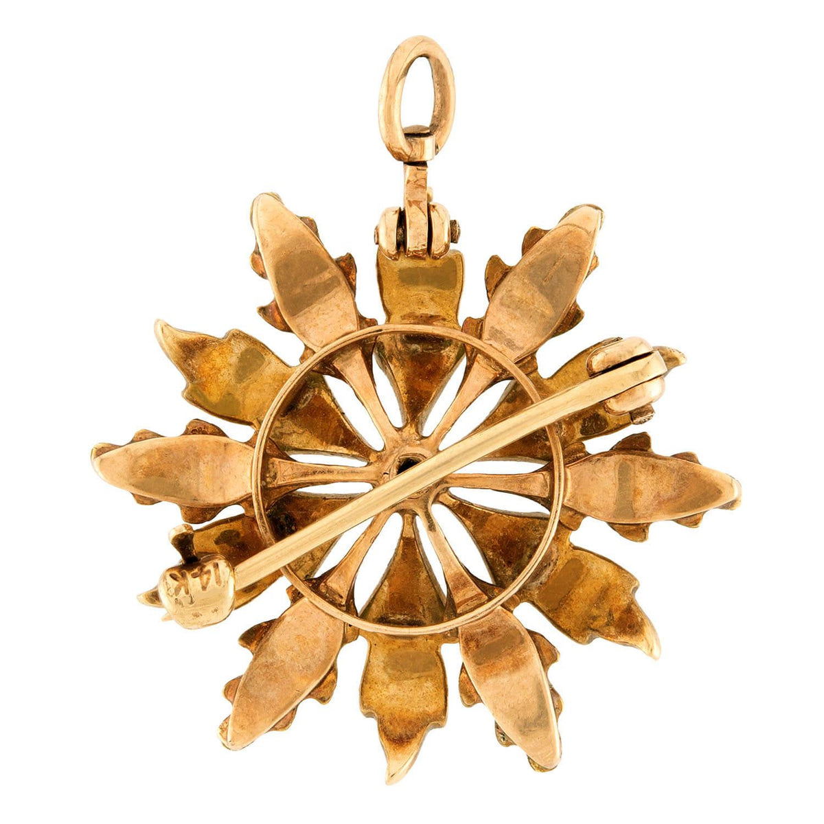 Art Nouveau 14k Diamond, Pearl, & Enamel Floral-Motif Pin/Pendant