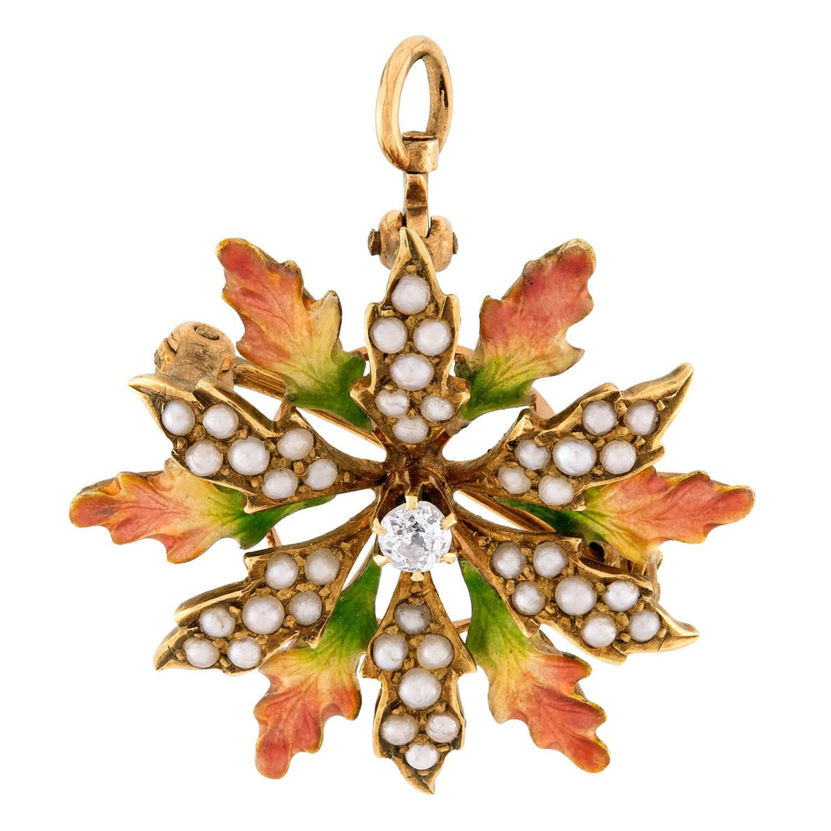 Art Nouveau 14k Diamond, Pearl, & Enamel Floral-Motif Pin/Pendant