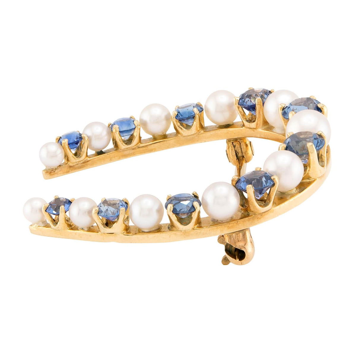 Vintage 14k Sapphire & Pearl Horseshoe-Motif Pin
