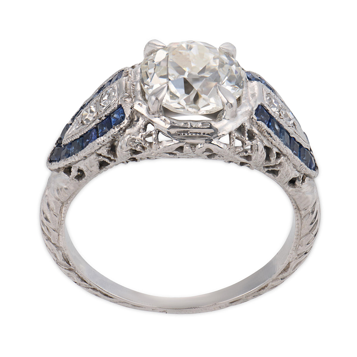 Art Deco Platinum Diamond & Sapphire Engagement Ring 1.59ct