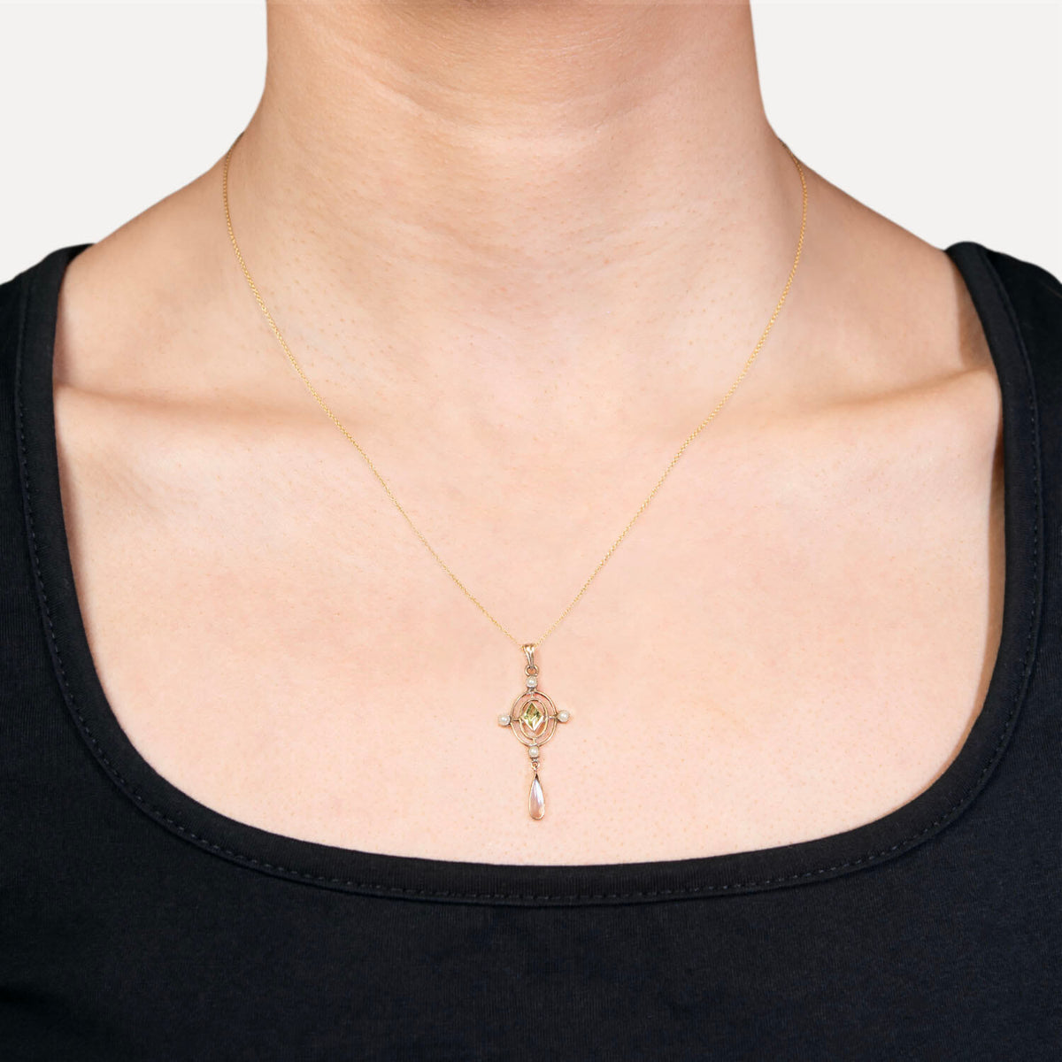 Art Nouveau 10k Lavalier Peridot, Moonstone, and Pearl Necklace