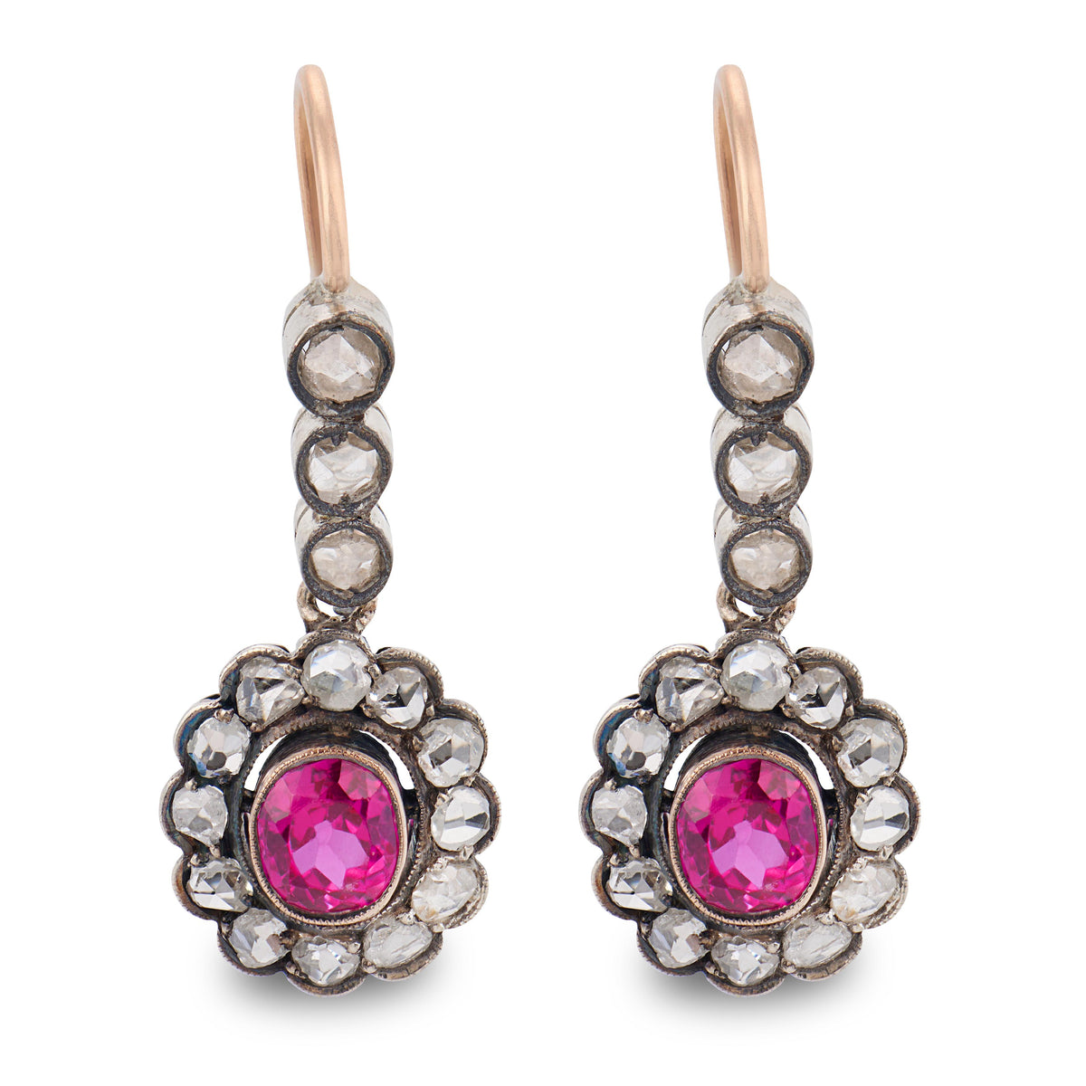 Victorian 14k/Sterling Silver Diamond & "Ruby" Dangle Earrings