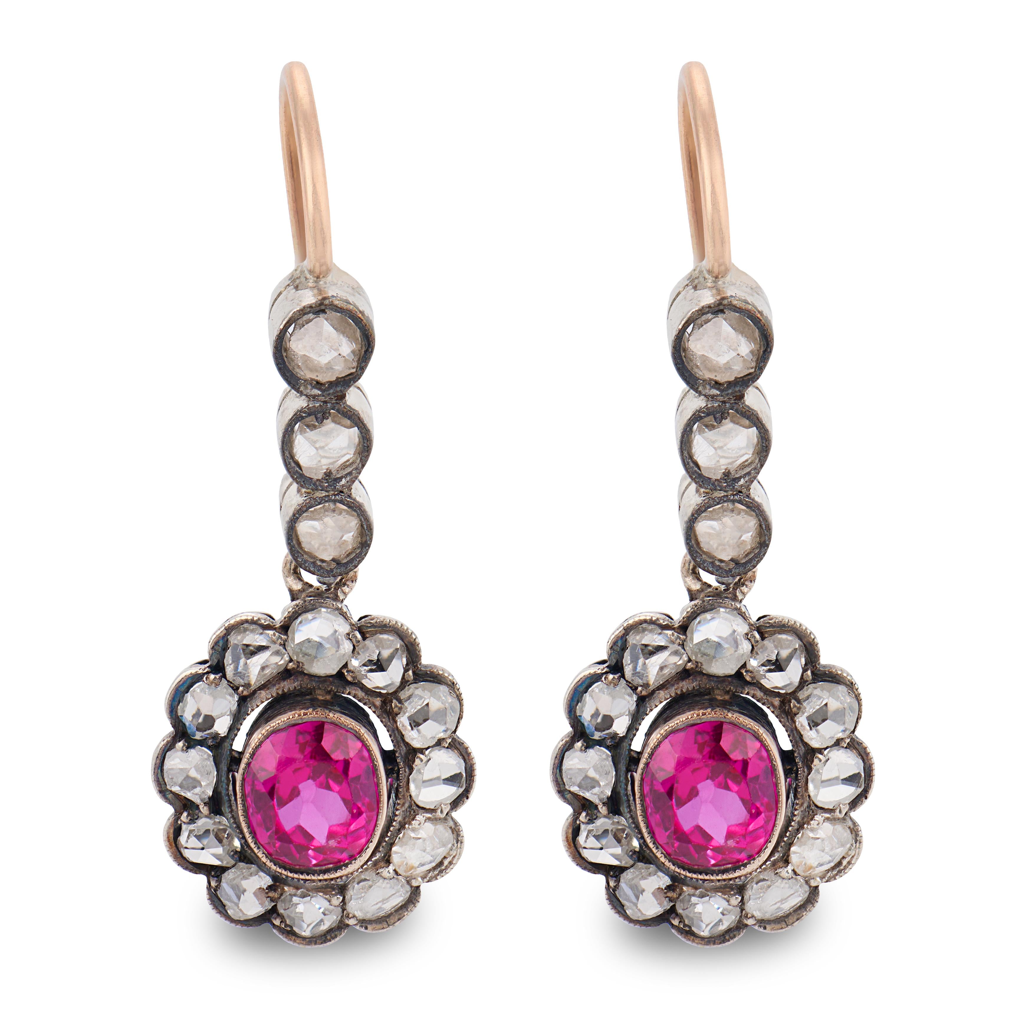 Victorian 14k/Sterling Silver Diamond & "Ruby" Dangle Earrings