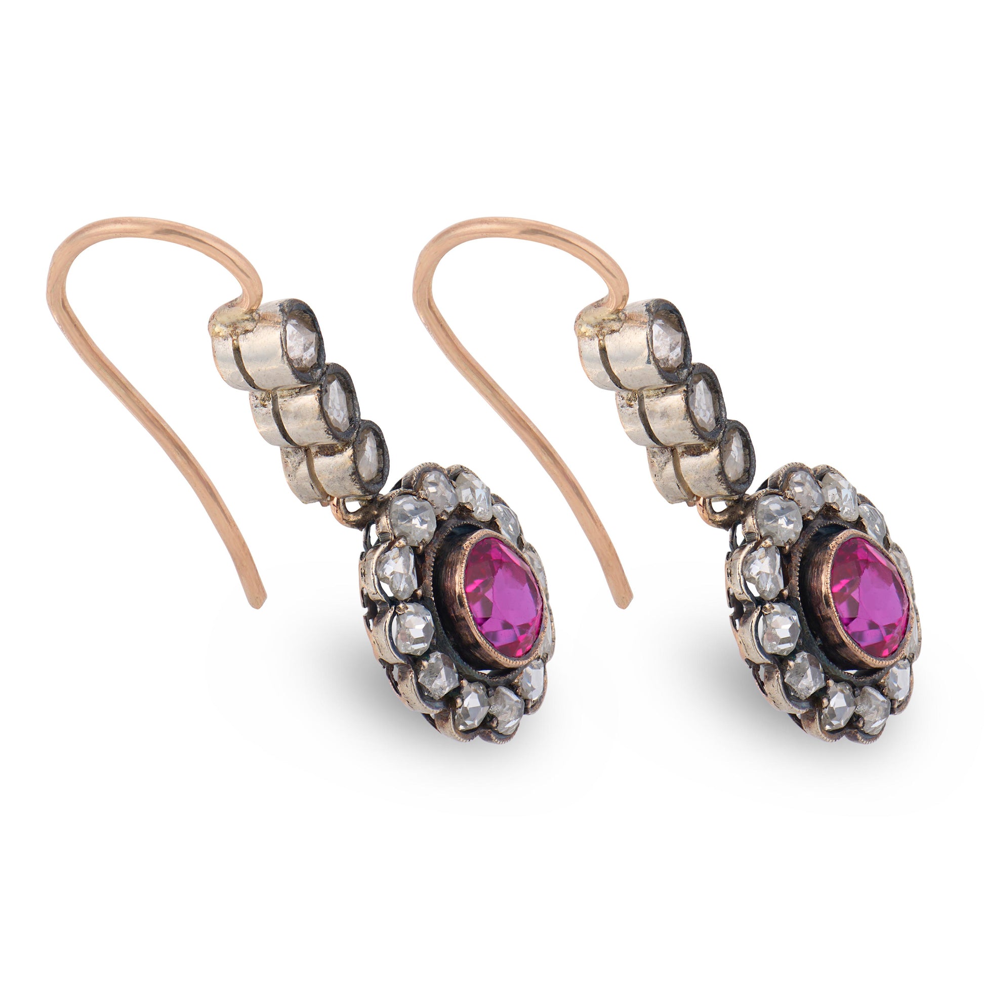 Victorian 14k/Sterling Silver Diamond & "Ruby" Dangle Earrings
