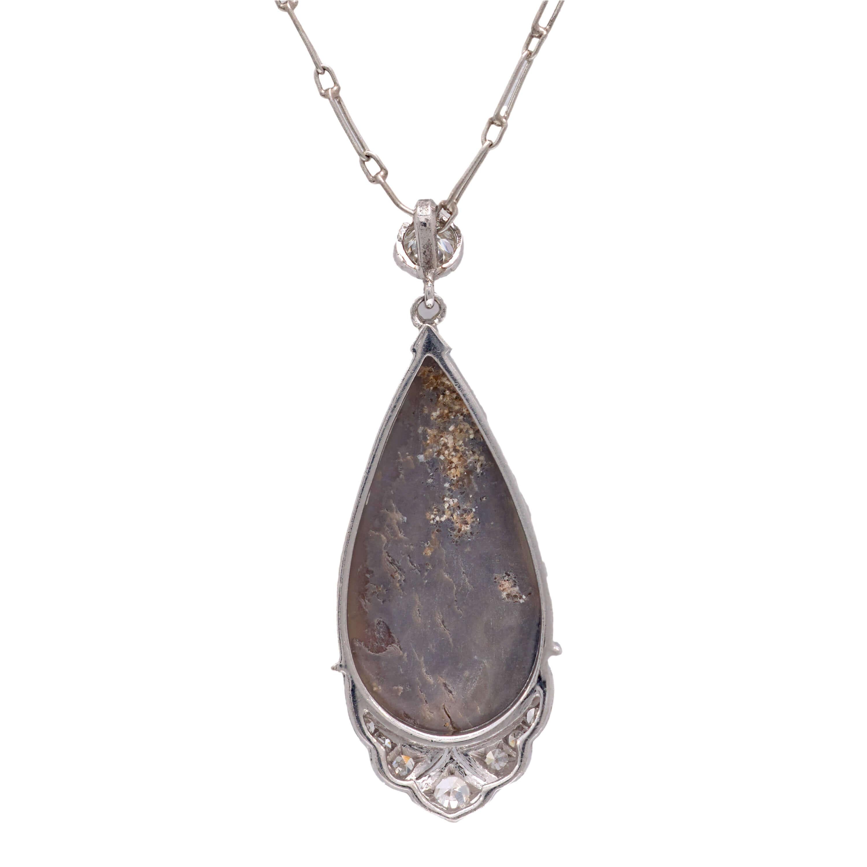 Art Deco 18k Opal and Diamond Teardrop Pendant Necklace