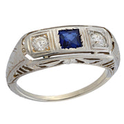 Art Deco 14k Sapphire & Diamond Three Stone Ring