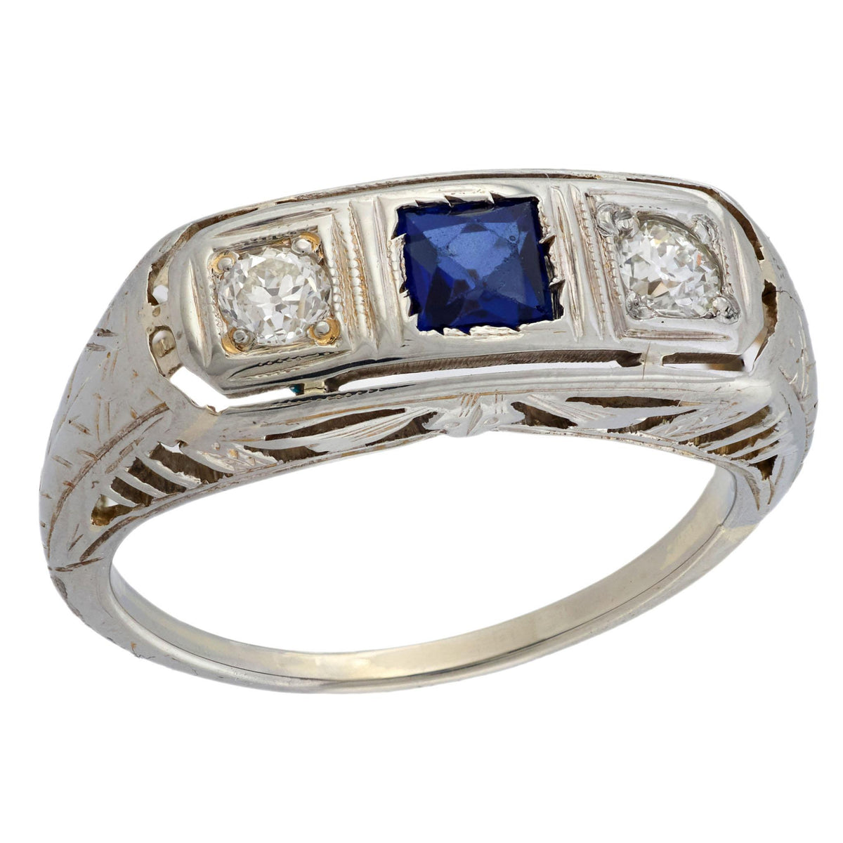 Art Deco 14k Sapphire & Diamond Three Stone Ring