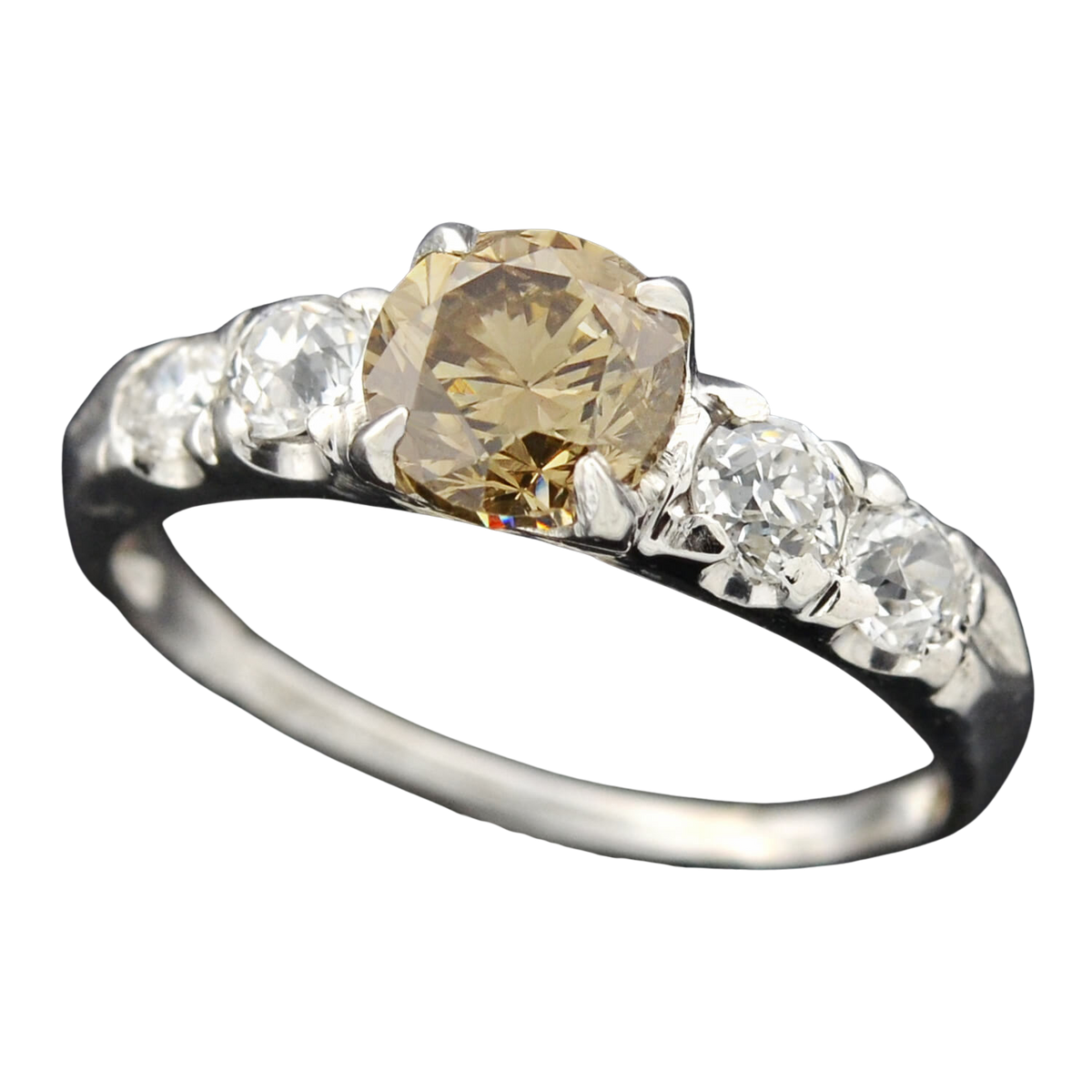 Late Art Deco Platinum Champagne Diamond Engagement Ring 1.09ct center