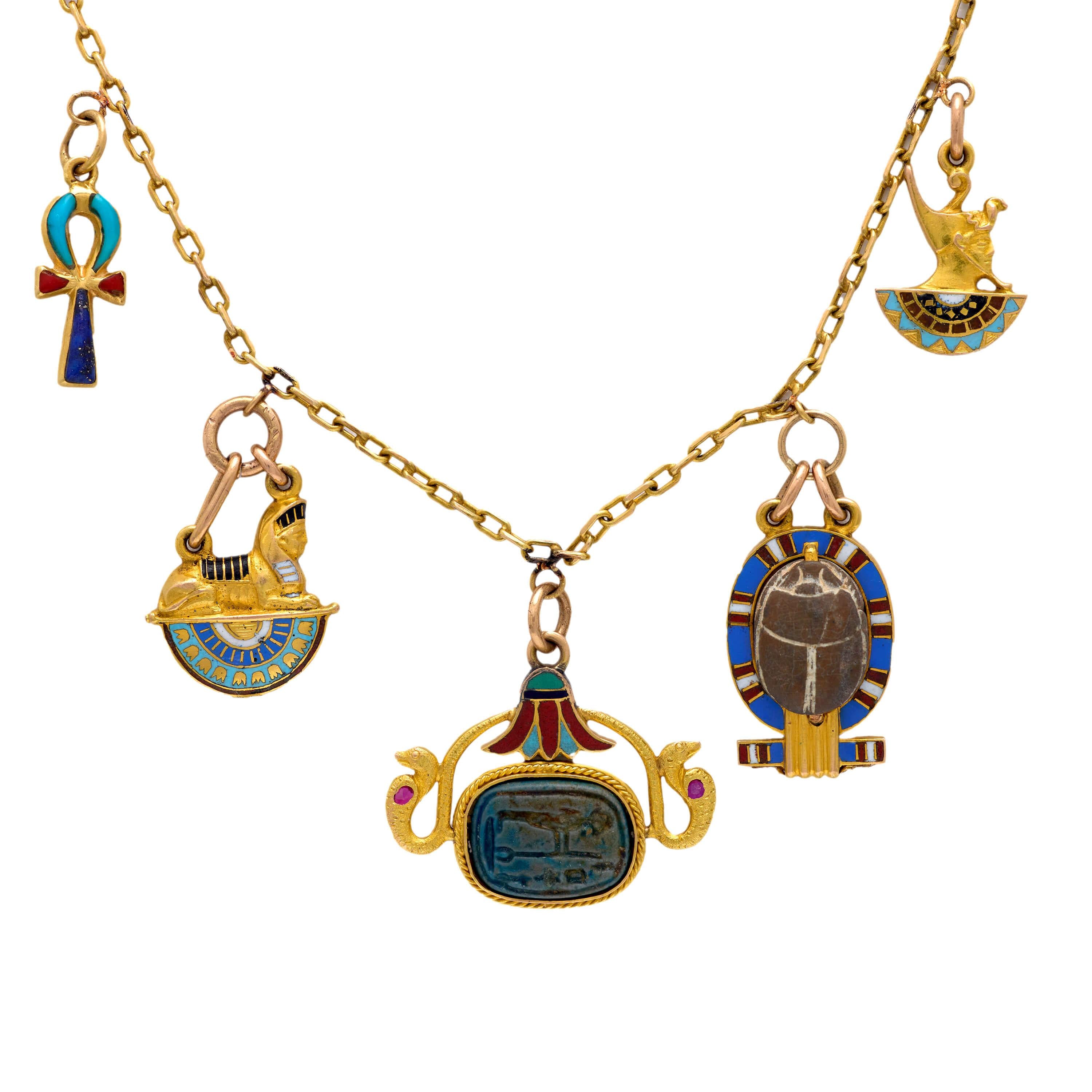 Art Deco 18k and Enamel Egyptian Charm Necklace
