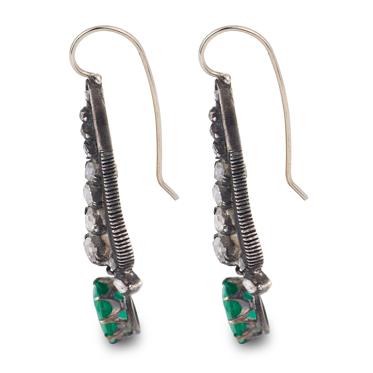 Georgian 14k/Sterling Silver Diamond & Emerald Dangle Earrings