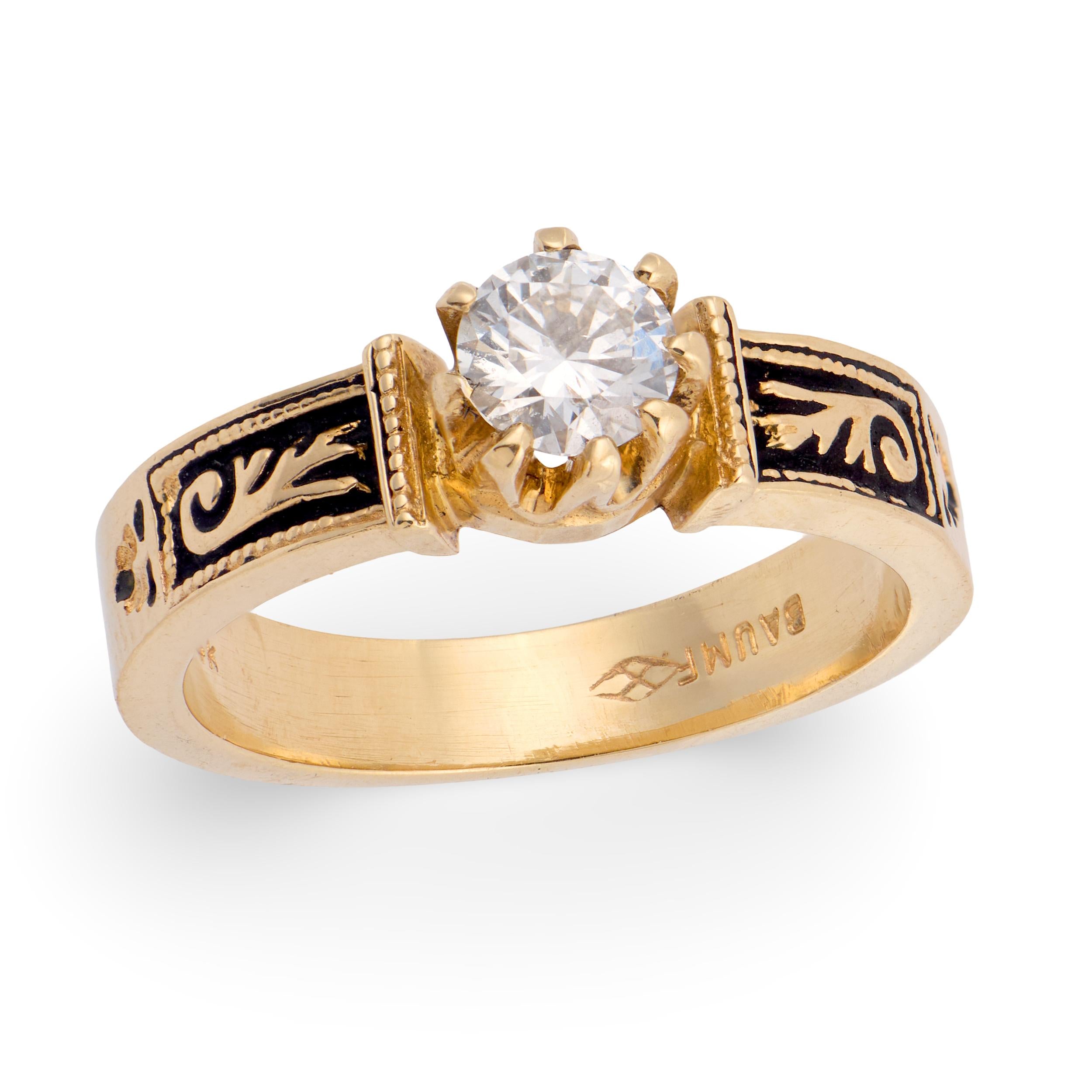 BAUM & OPPENHEIM Victorian 14k Diamond & Enamel Engagement Ring .40ct