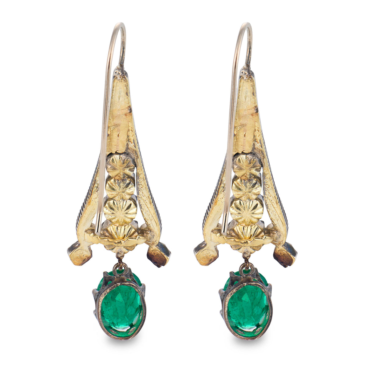 Georgian 14k/Sterling Silver Diamond & Emerald Dangle Earrings