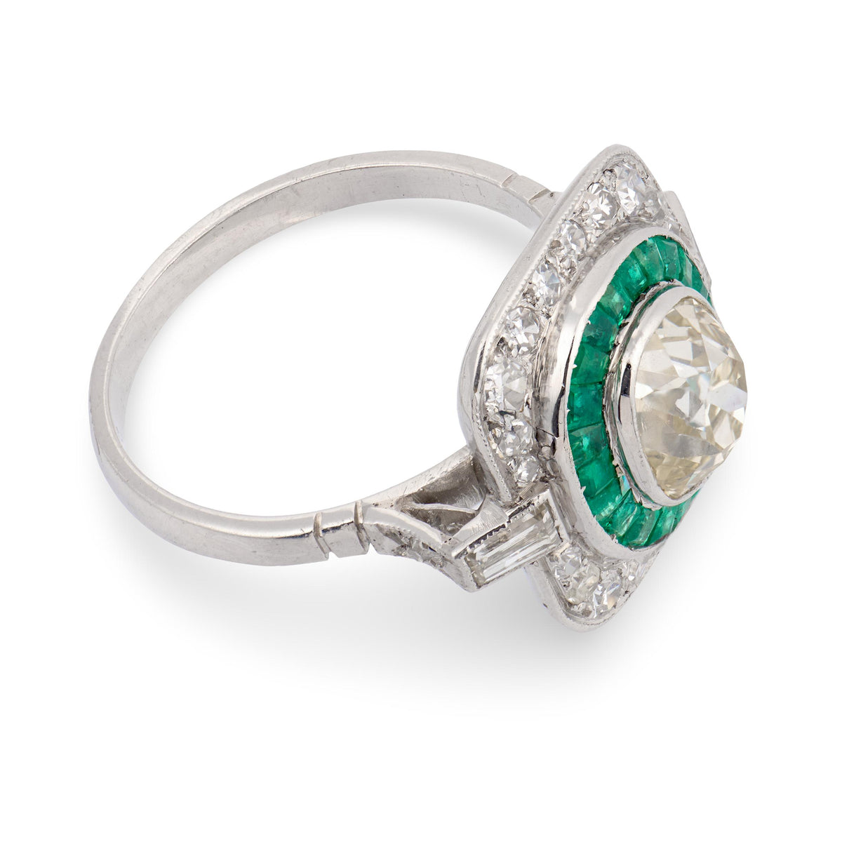 Art Deco Platinum Diamond & Emerald Engagement Ring 2.10ct