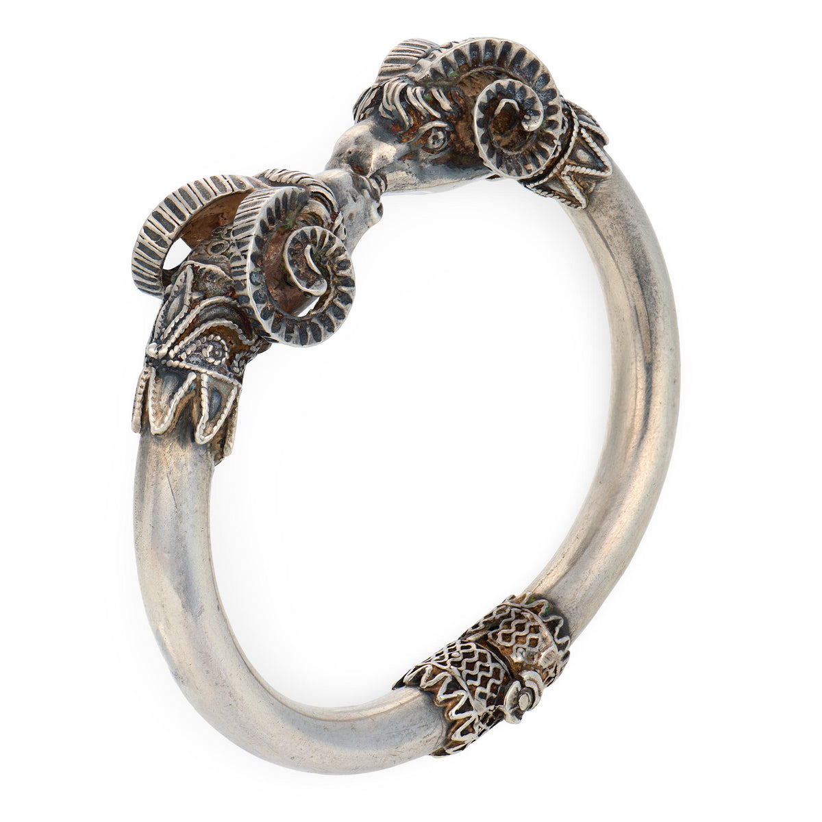 Retro Sterling Silver Ram's Head-Motif Bangle