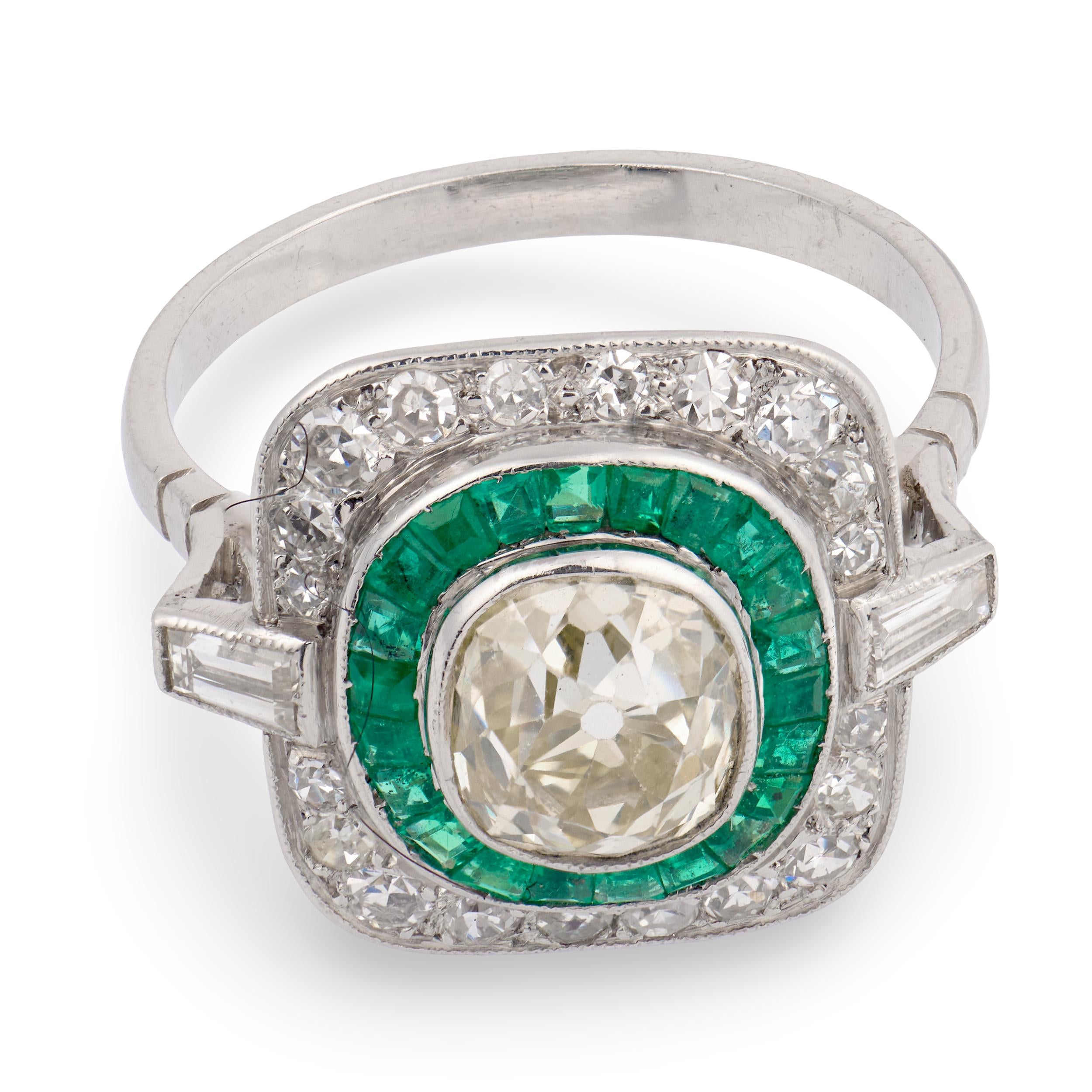 Art Deco Platinum Diamond & Emerald Engagement Ring 2.10ct