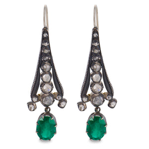 Georgian 14k/S/S 3CTW Emerald & Rose Cut Diamond Earrings