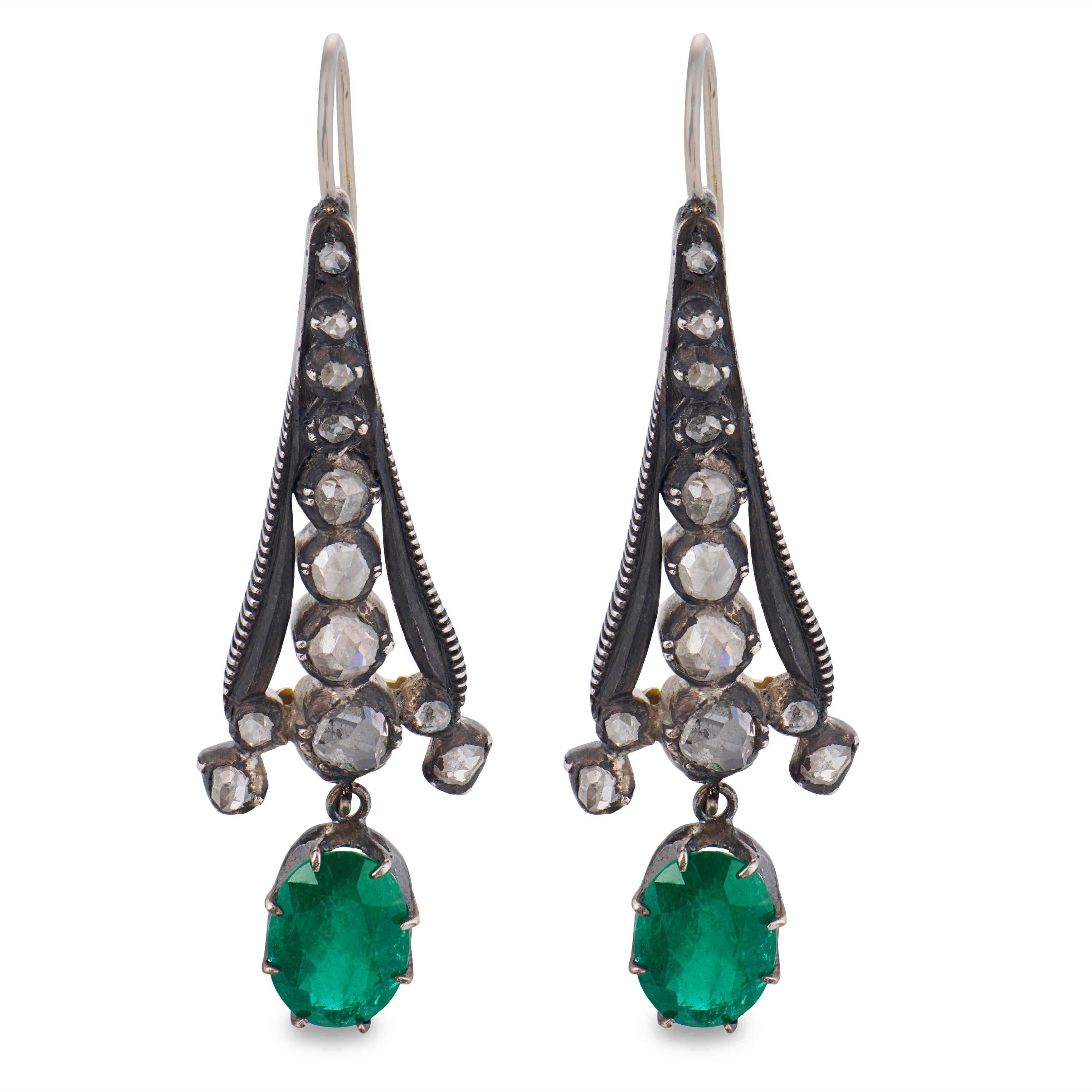 Georgian 14k/Sterling Silver Diamond & Emerald Dangle Earrings