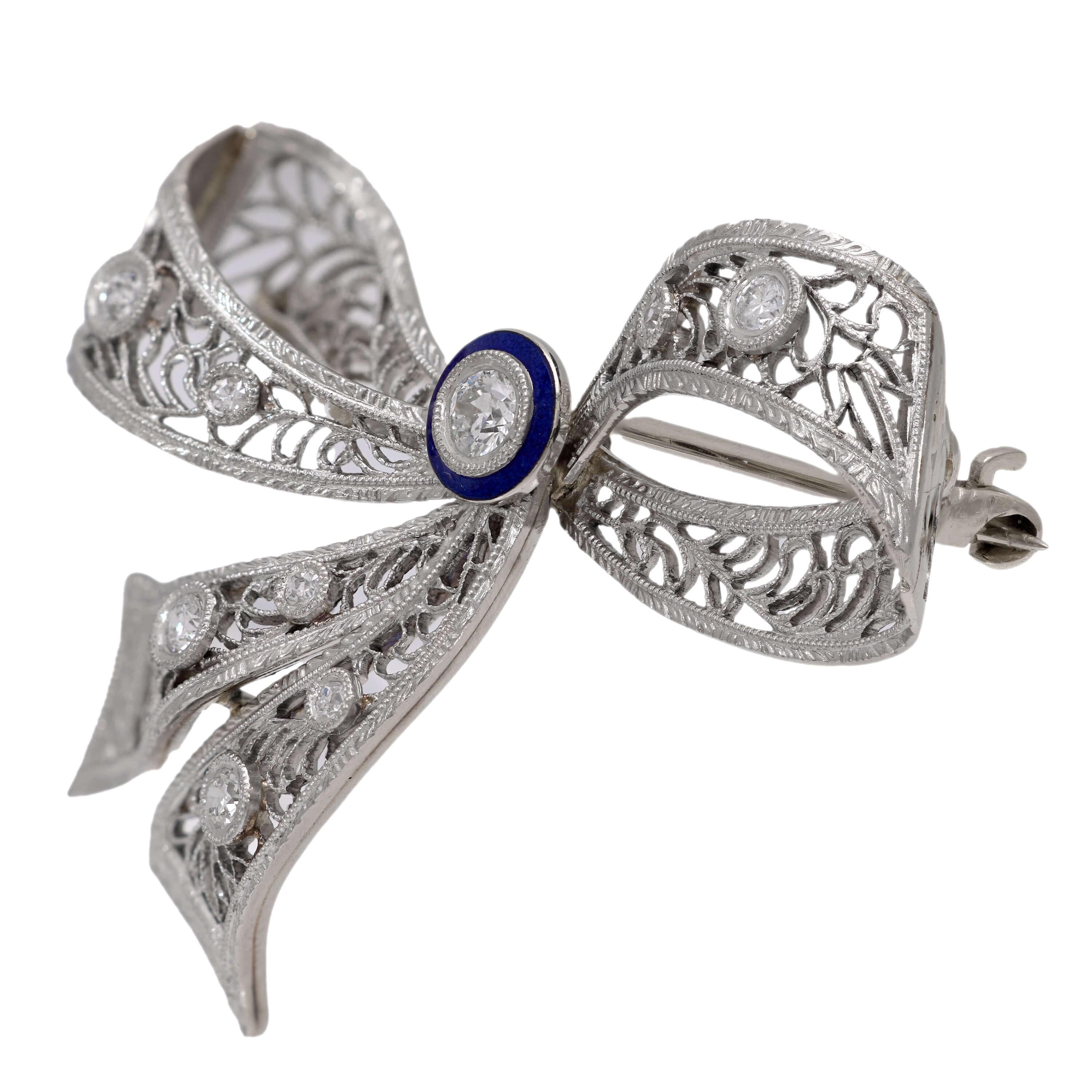 Edwardian 14k Diamond and Enamel Bow Pin
