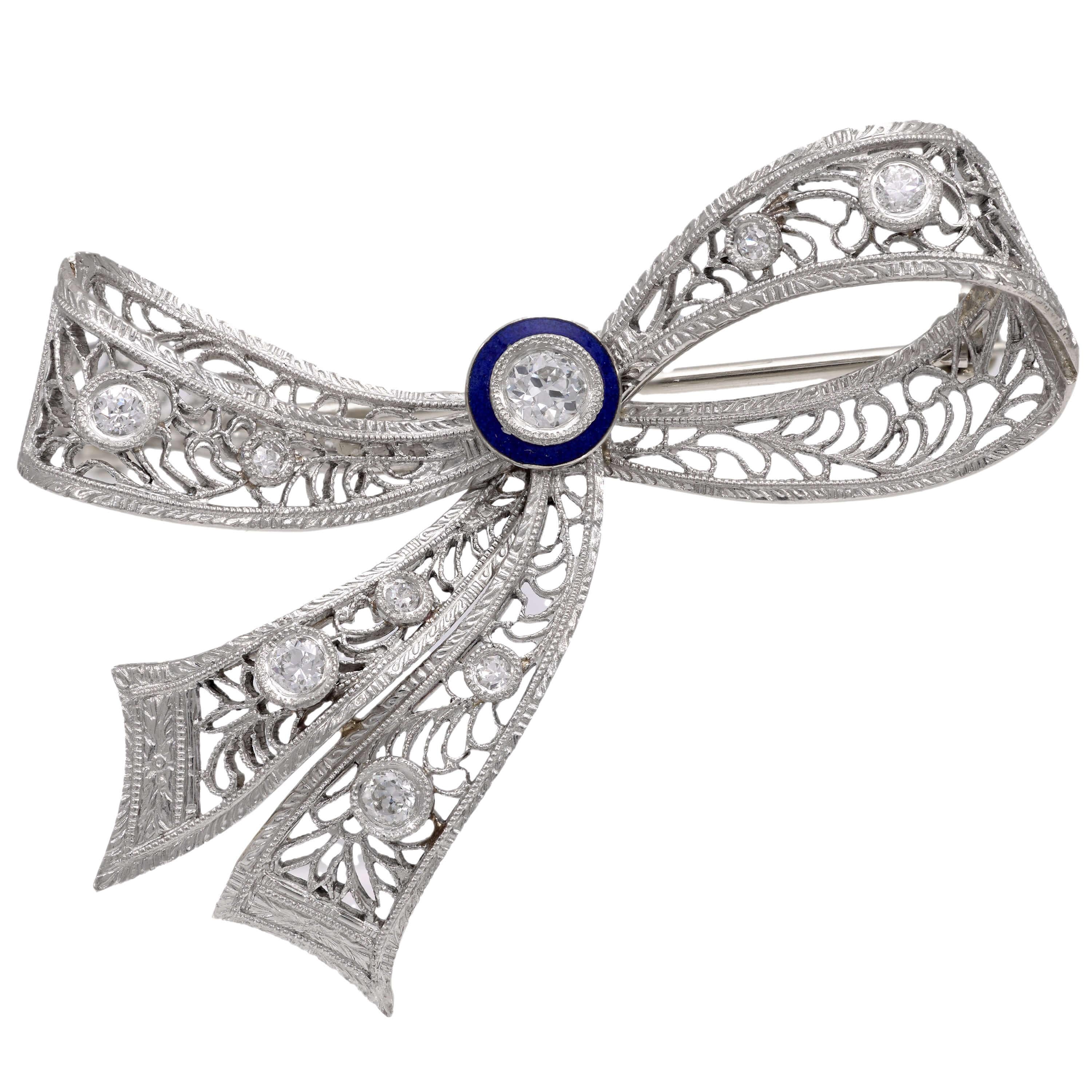 Edwardian 14k Diamond and Enamel Bow Pin