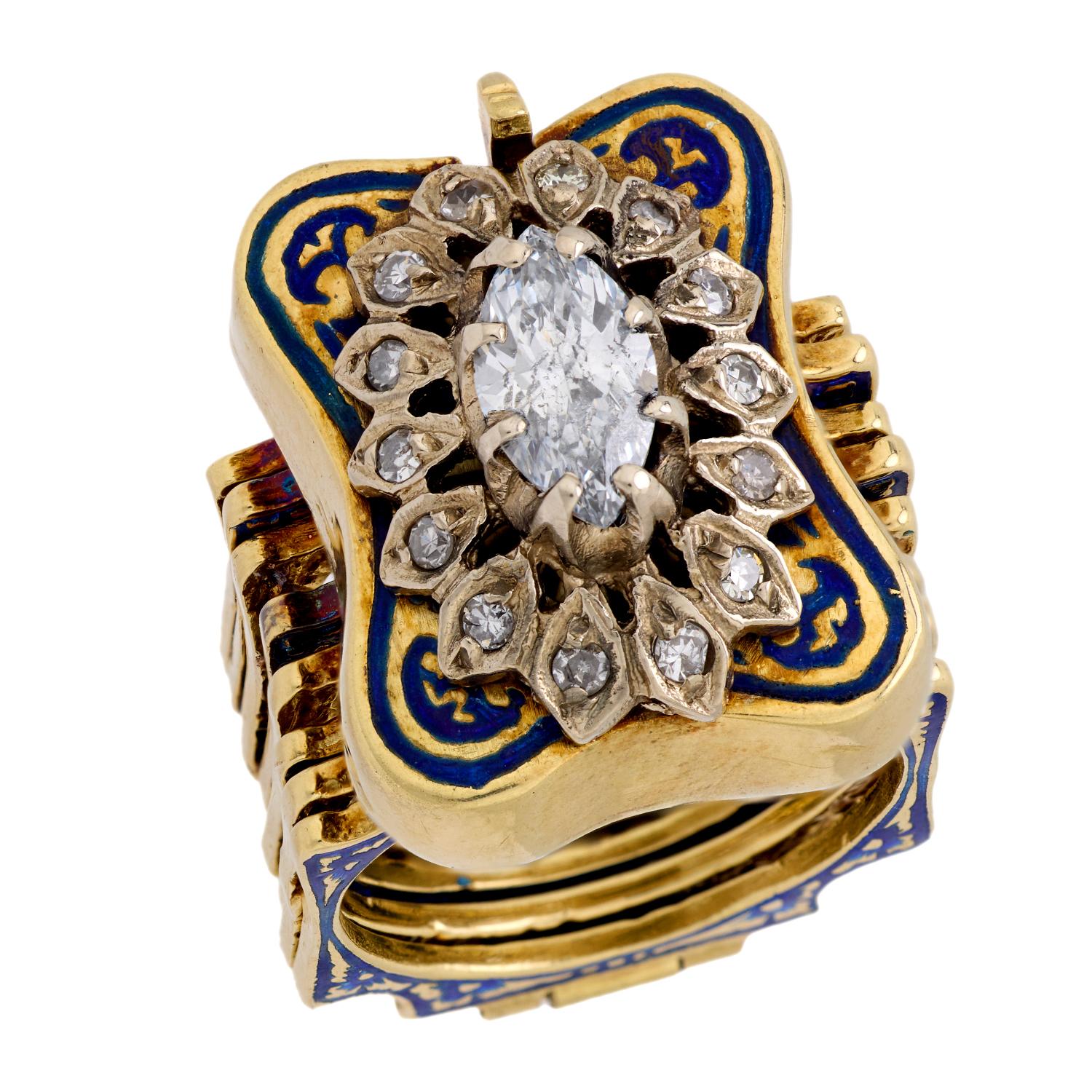 Retro 14k Diamond and Enamel Convertible Ring/Bracelet