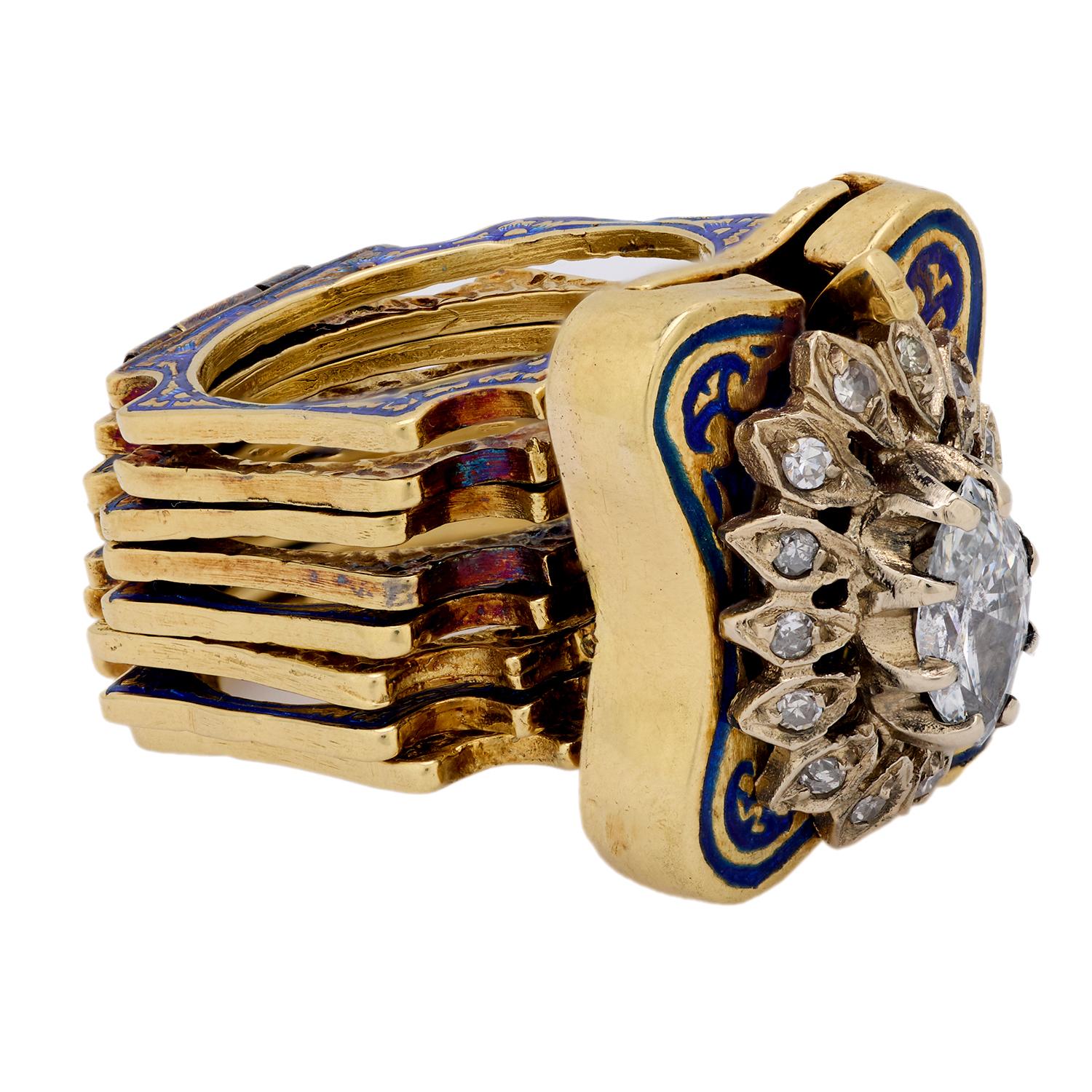 Retro 14k Diamond and Enamel Convertible Ring/Bracelet