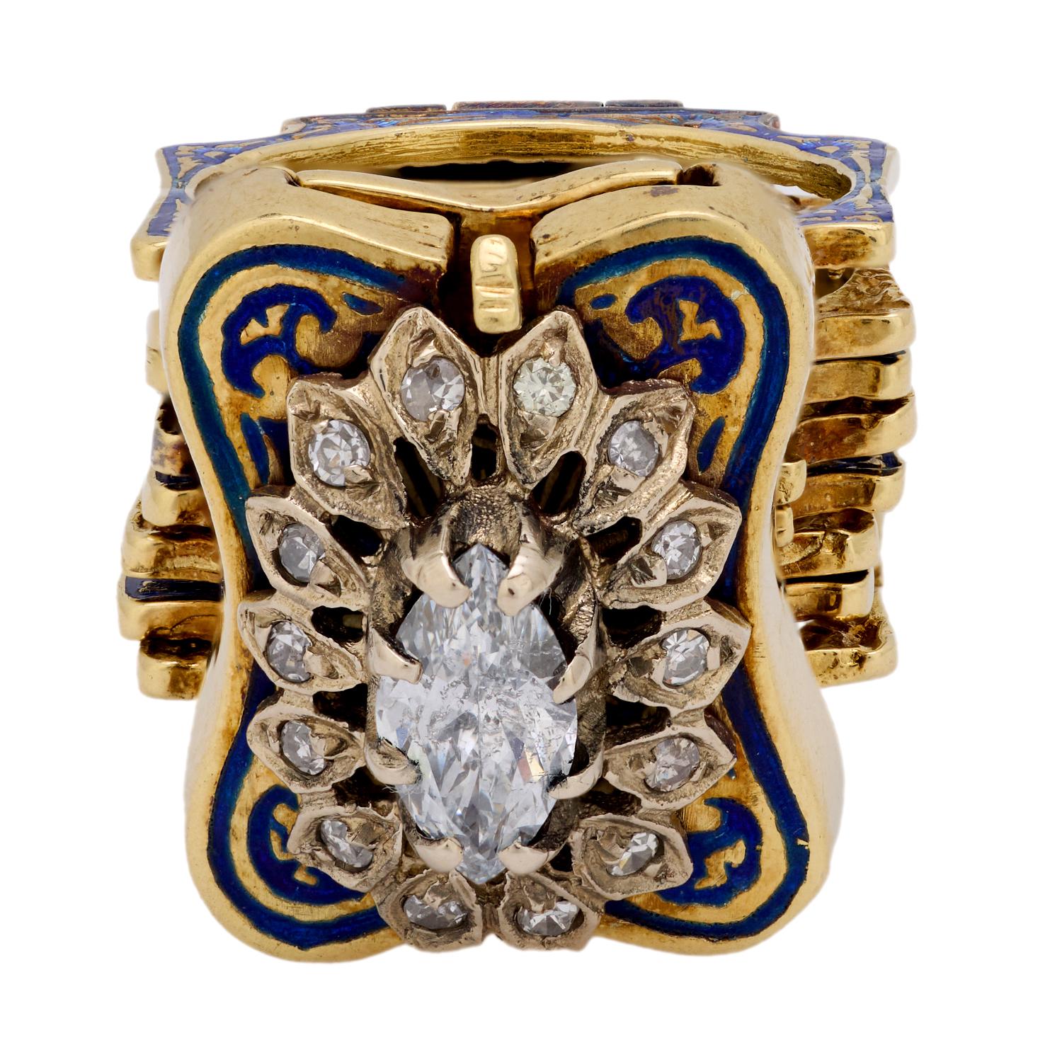 Retro 14k Diamond and Enamel Convertible Ring/Bracelet