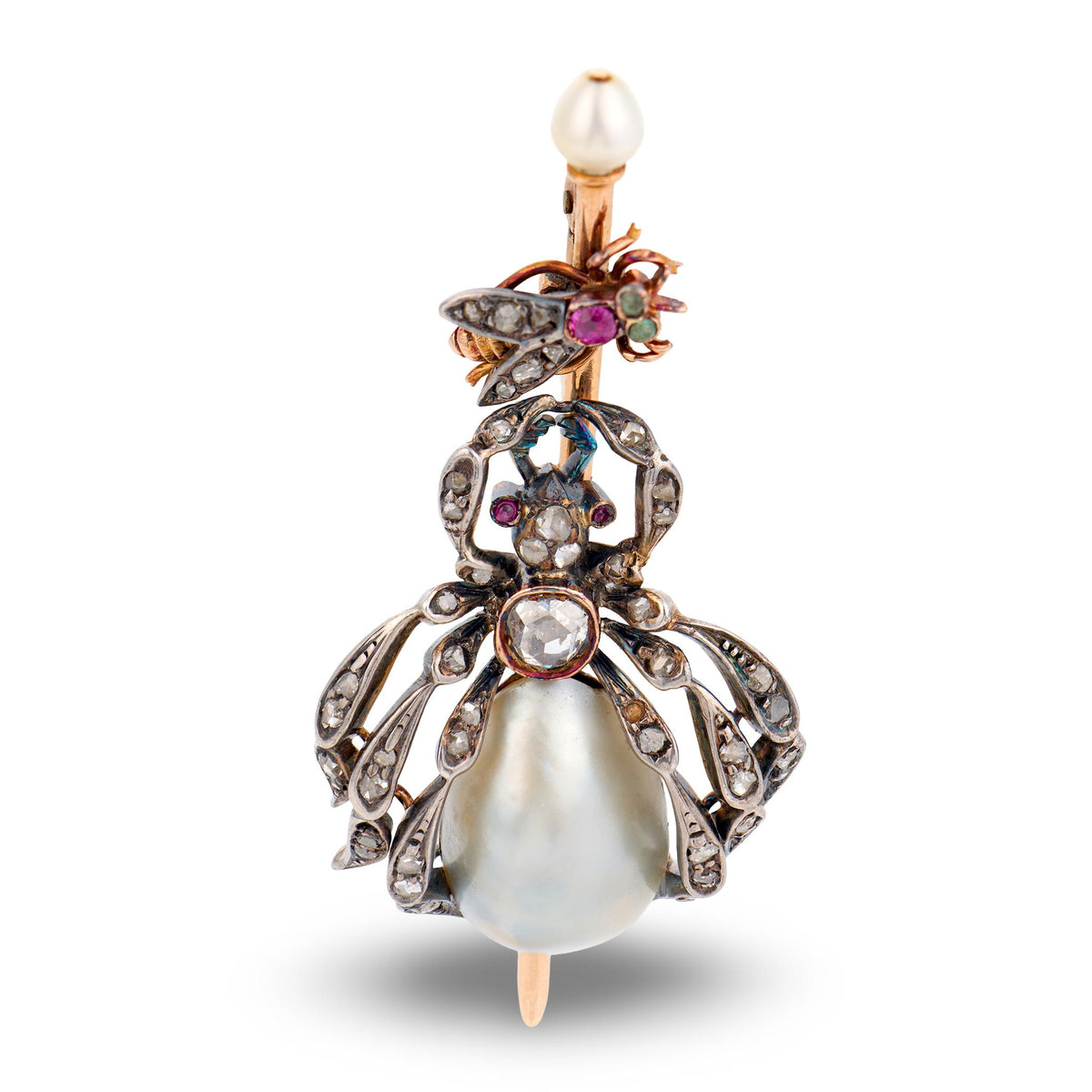 Victorian 18k/Sterling Silver Pearl, Diamond, & Ruby Spider & Fly-Motif Pendant