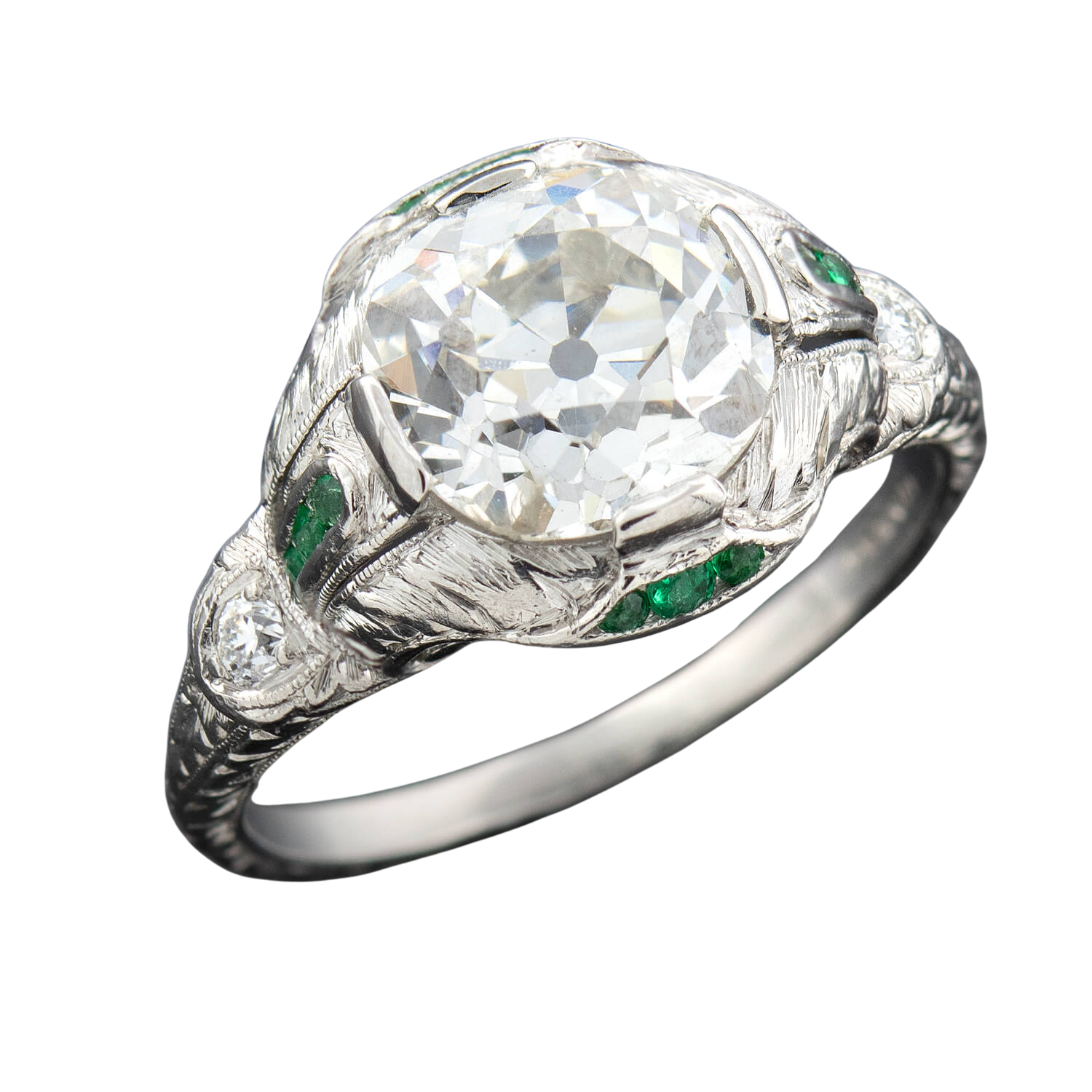 Art Deco Platinum Diamond + Emerald Engagement Ring 2.36ctw Center