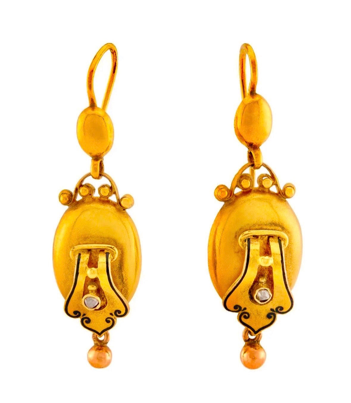 Victorian 18k French Diamond & Enamel Buckle-Motif Earrings