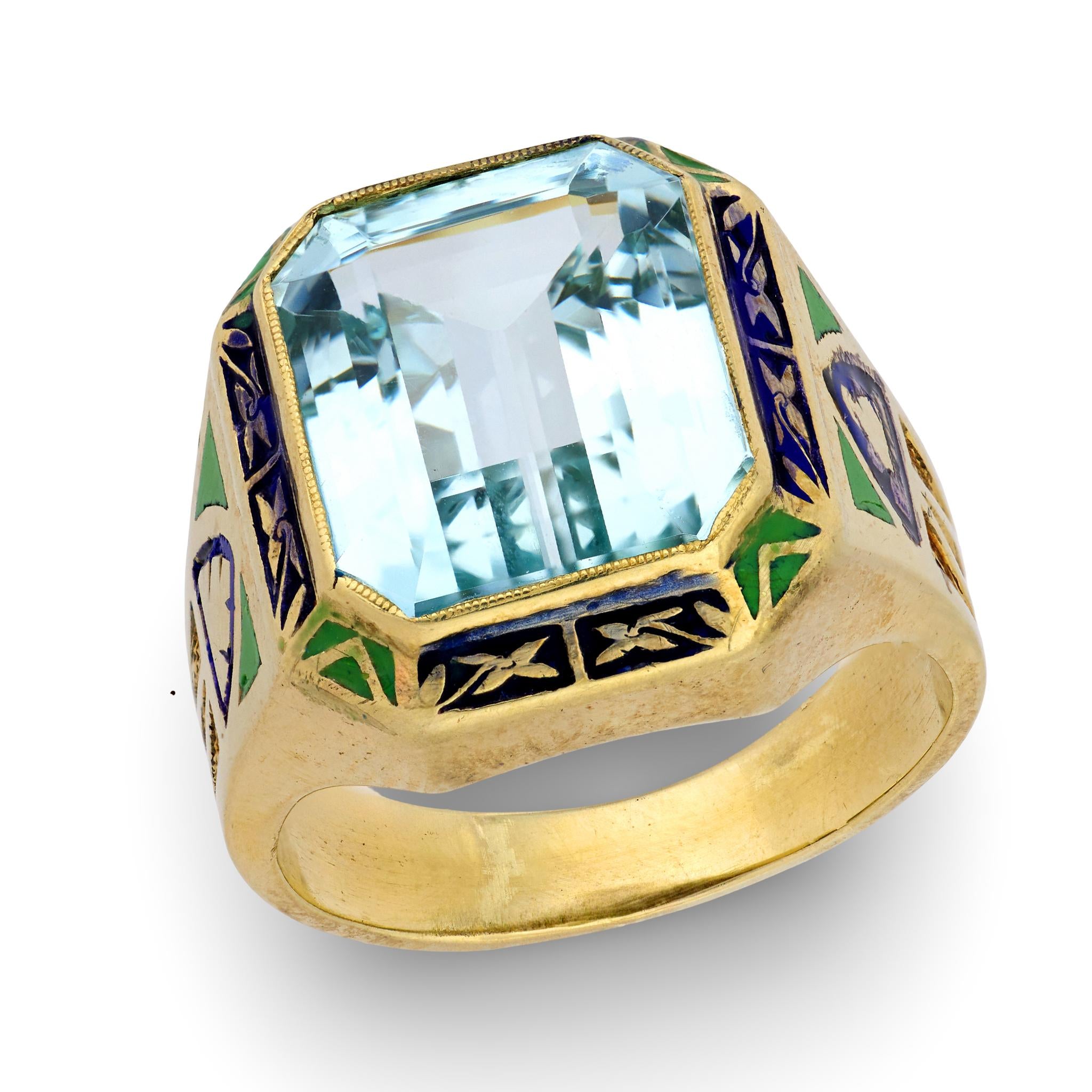 Art Deco 14k Aqua Enamel Cocktail Ring