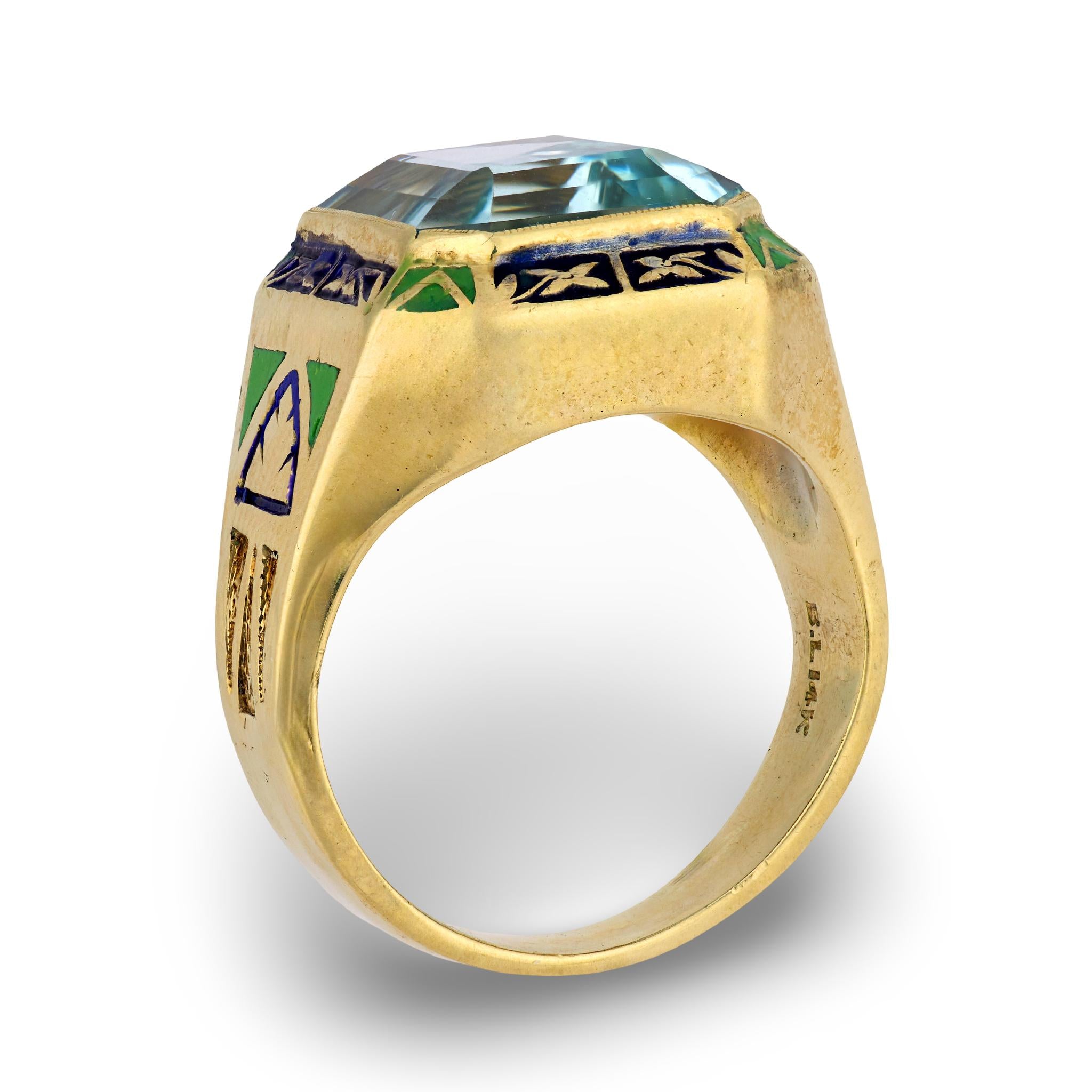 Art Deco 14k Aqua Enamel Cocktail Ring
