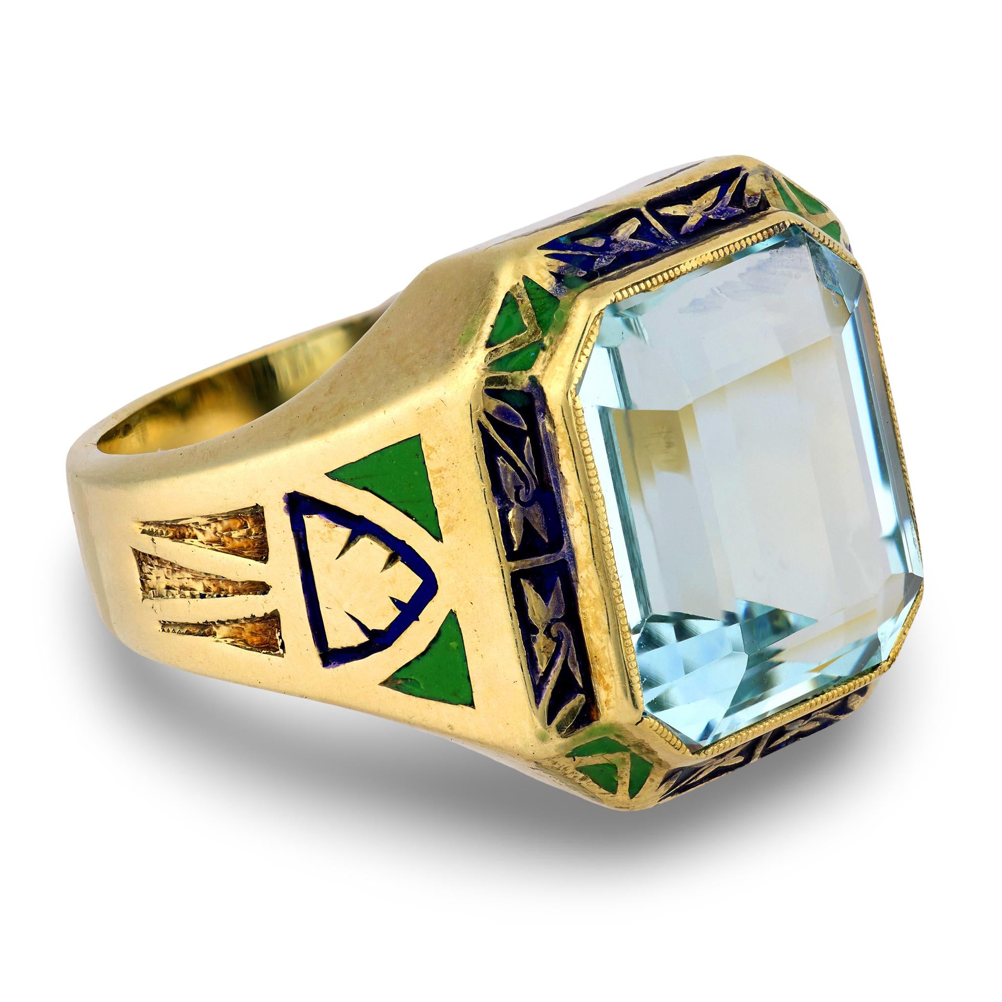 Art Deco 14k Aqua Enamel Cocktail Ring