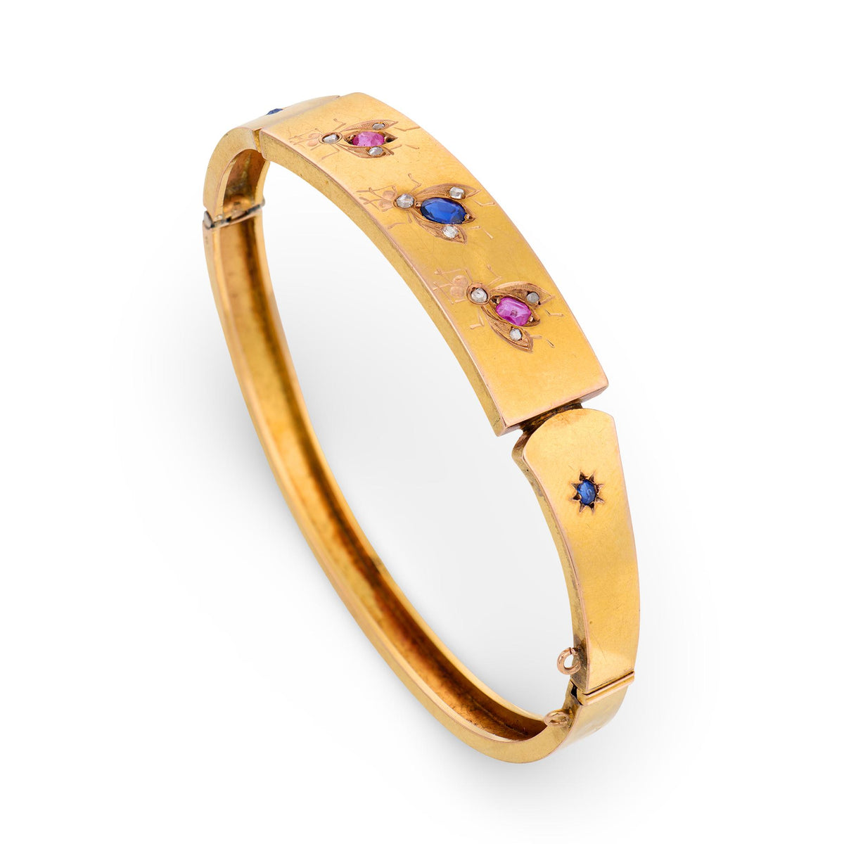 Victorian French 18k Sapphire, Ruby, & Diamond Fly-Motif Bangle