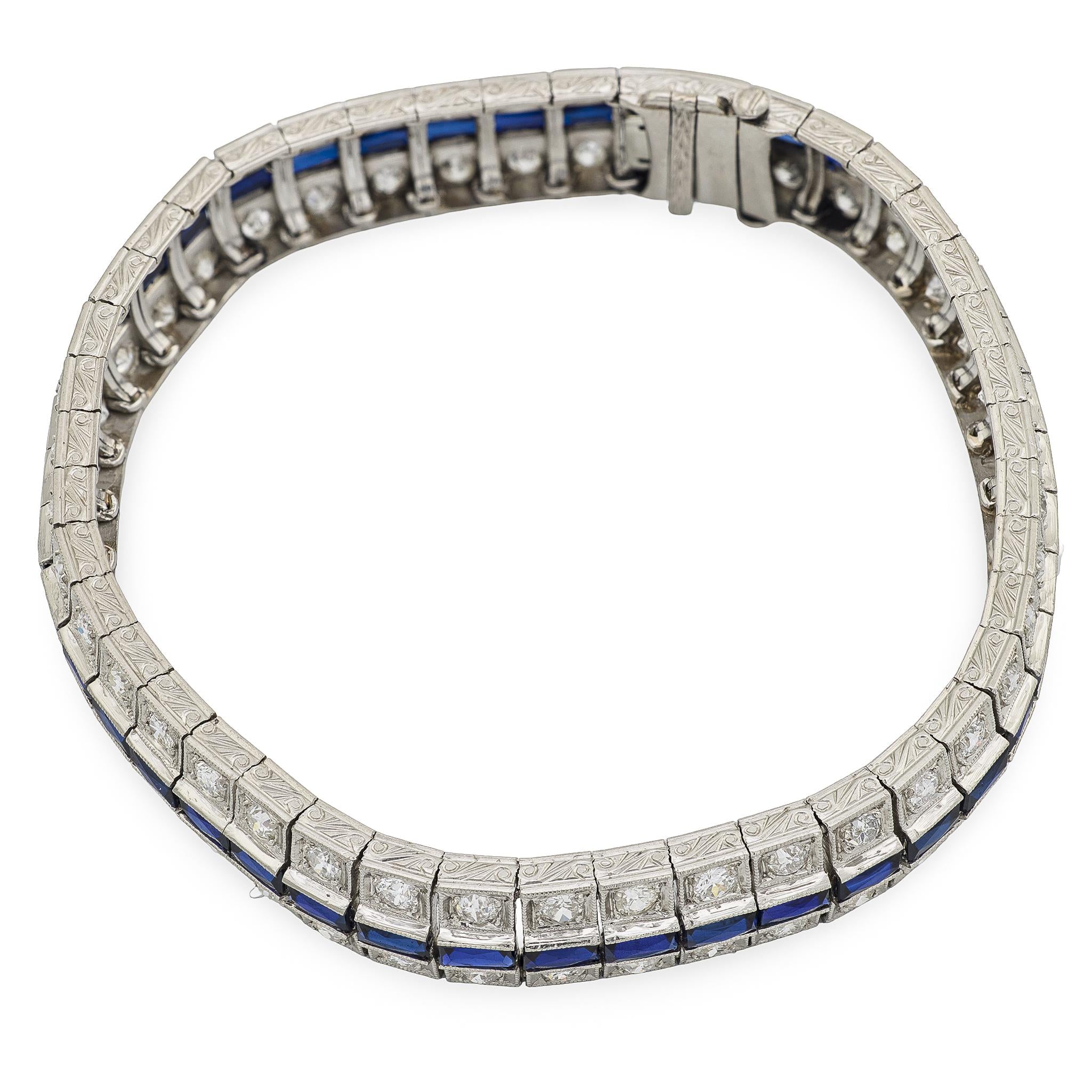 Art Deco Platinum Diamond and Sapphire Line Bracelet