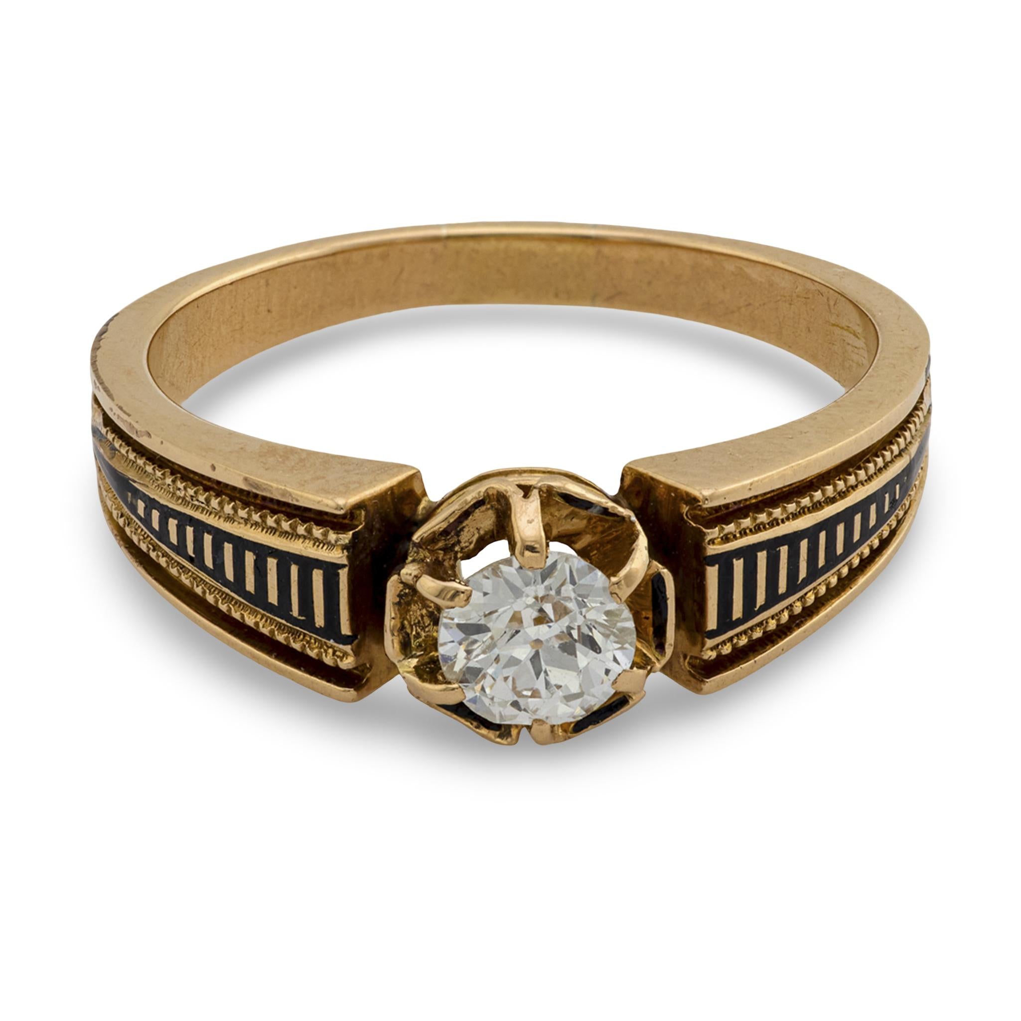 Victorian 14k Diamond and Enamel Engagement Ring .4ct