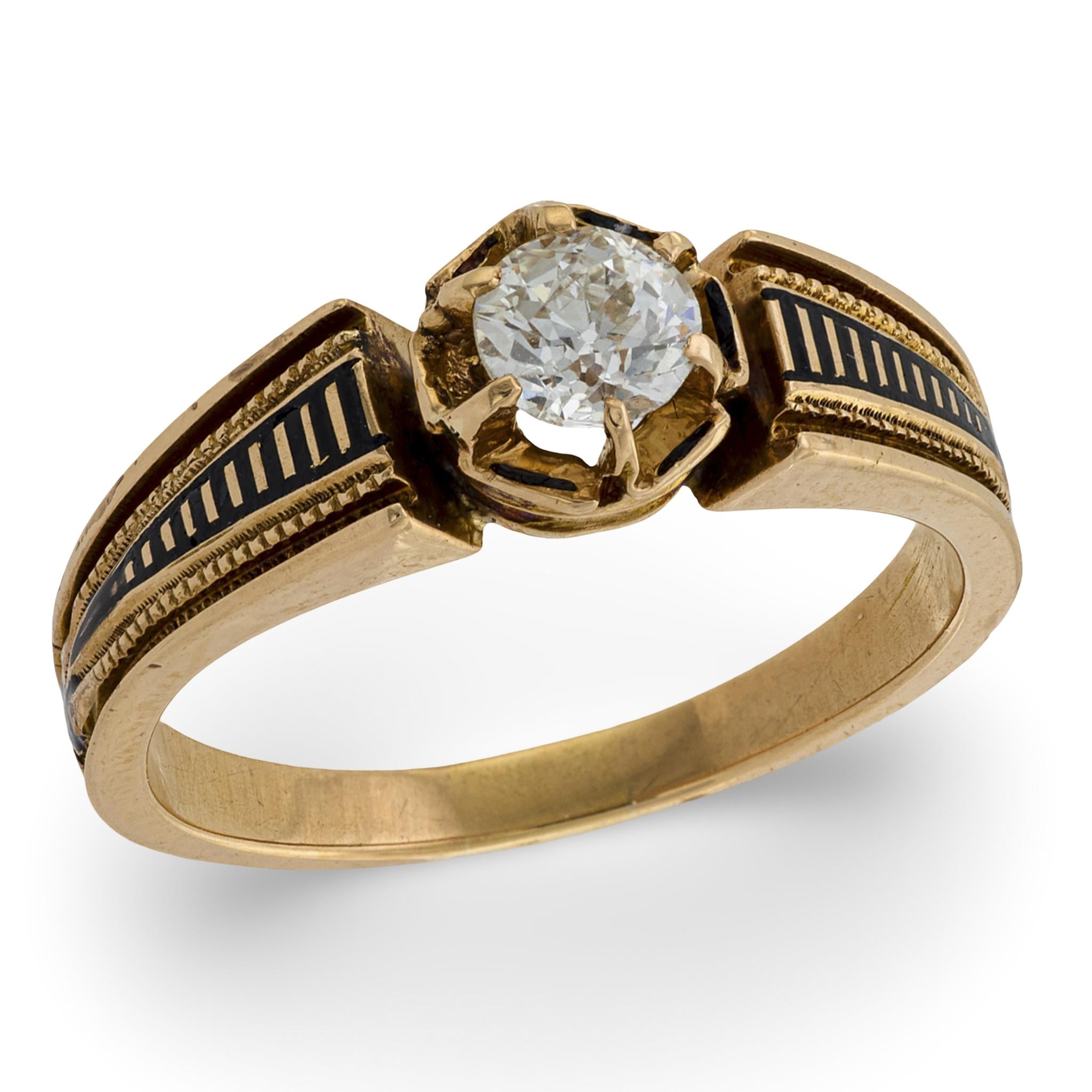 Victorian 14k Diamond and Enamel Engagement Ring .4ct