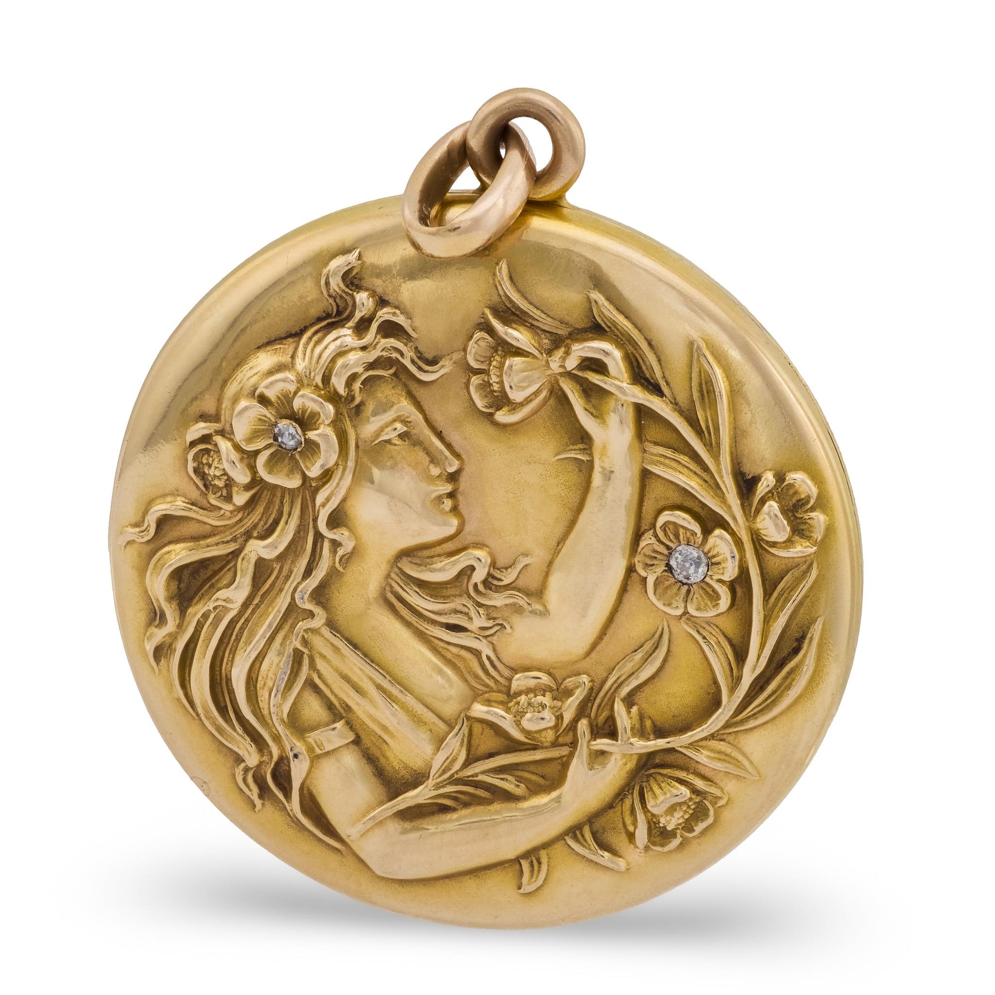 RIKER BROS Art Nouveau 14k Diamond & Enamel Repousse Locket