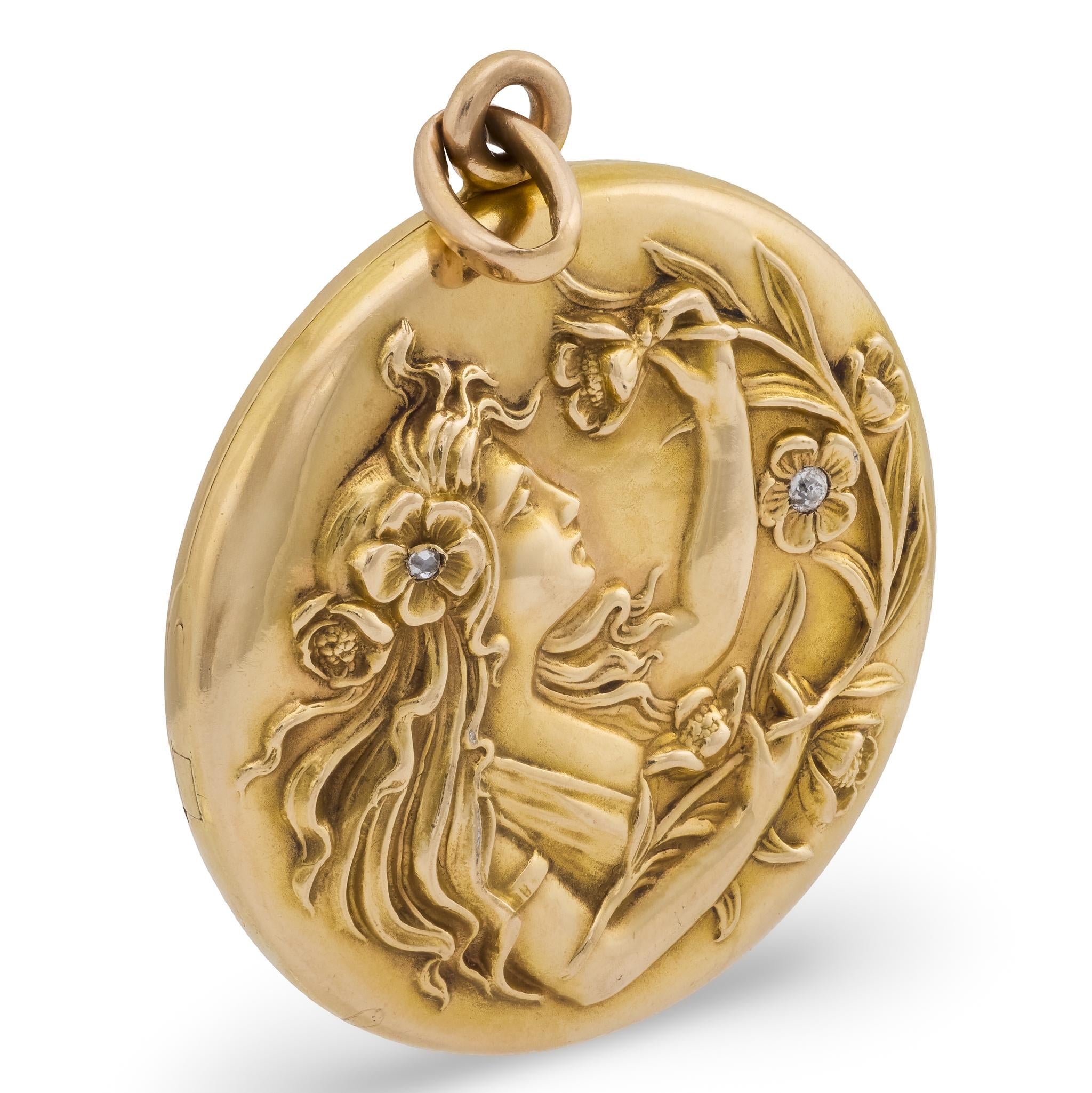 RIKER BROS Art Nouveau 14k Diamond & Enamel Repousse Locket