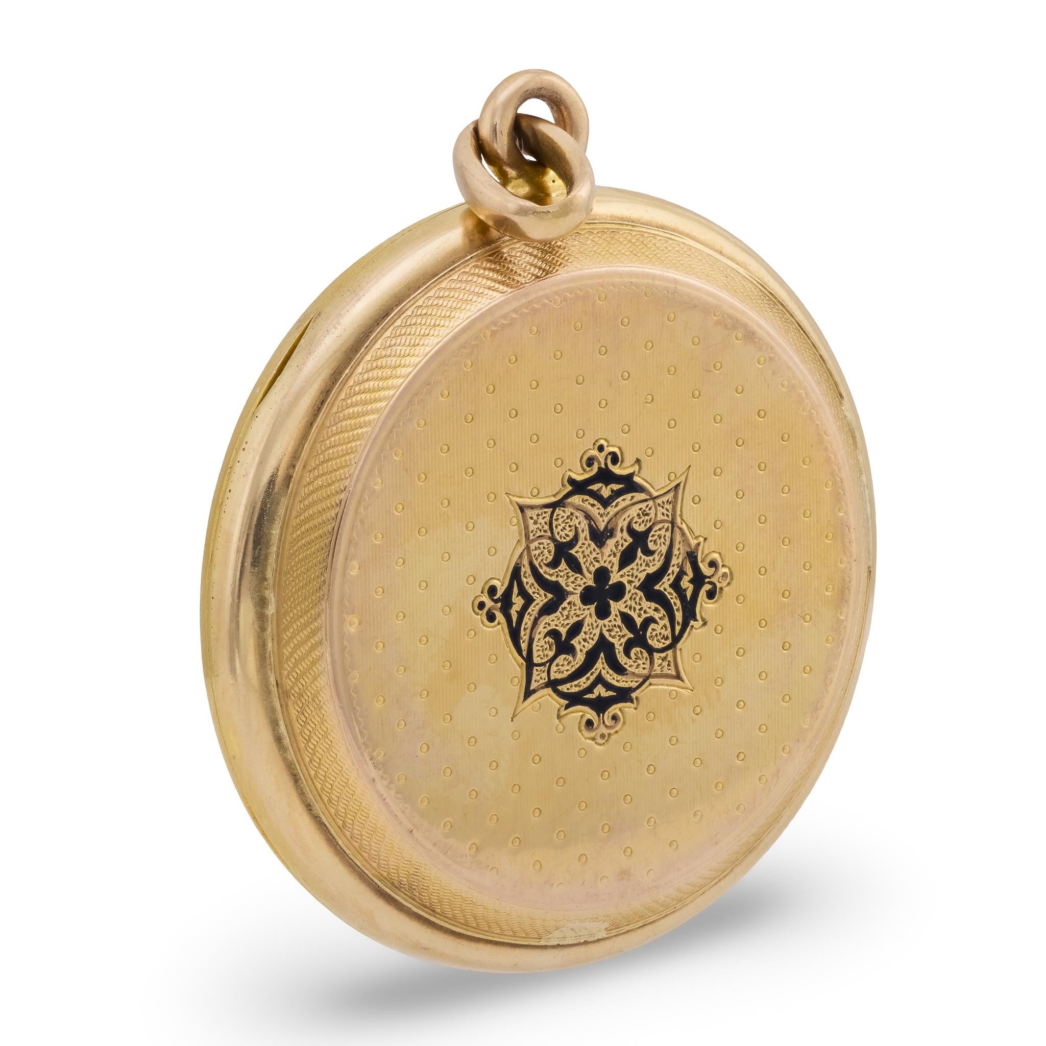 RIKER BROS Art Nouveau 14k Diamond & Enamel Repousse Locket