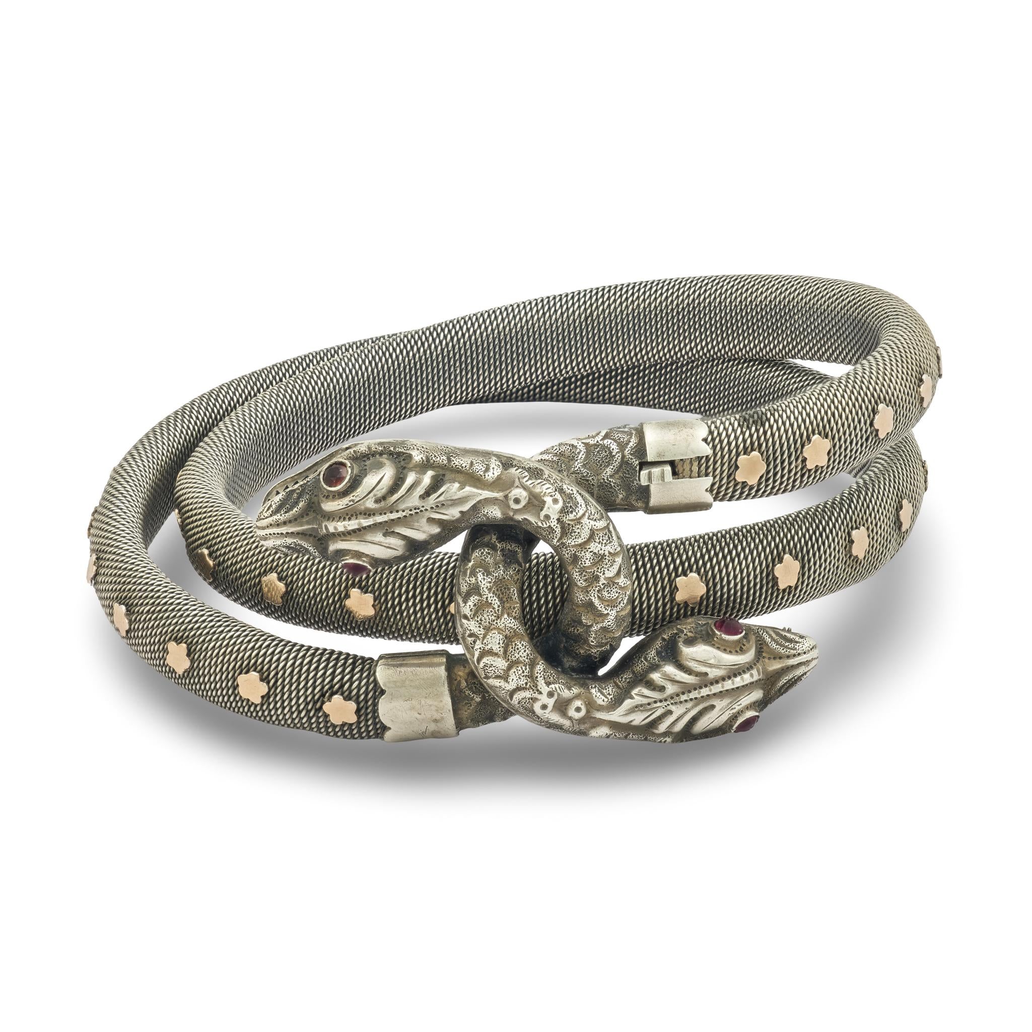 Victorian French Sterling Silver/Gold-Filled Garnet Snake Bracelet