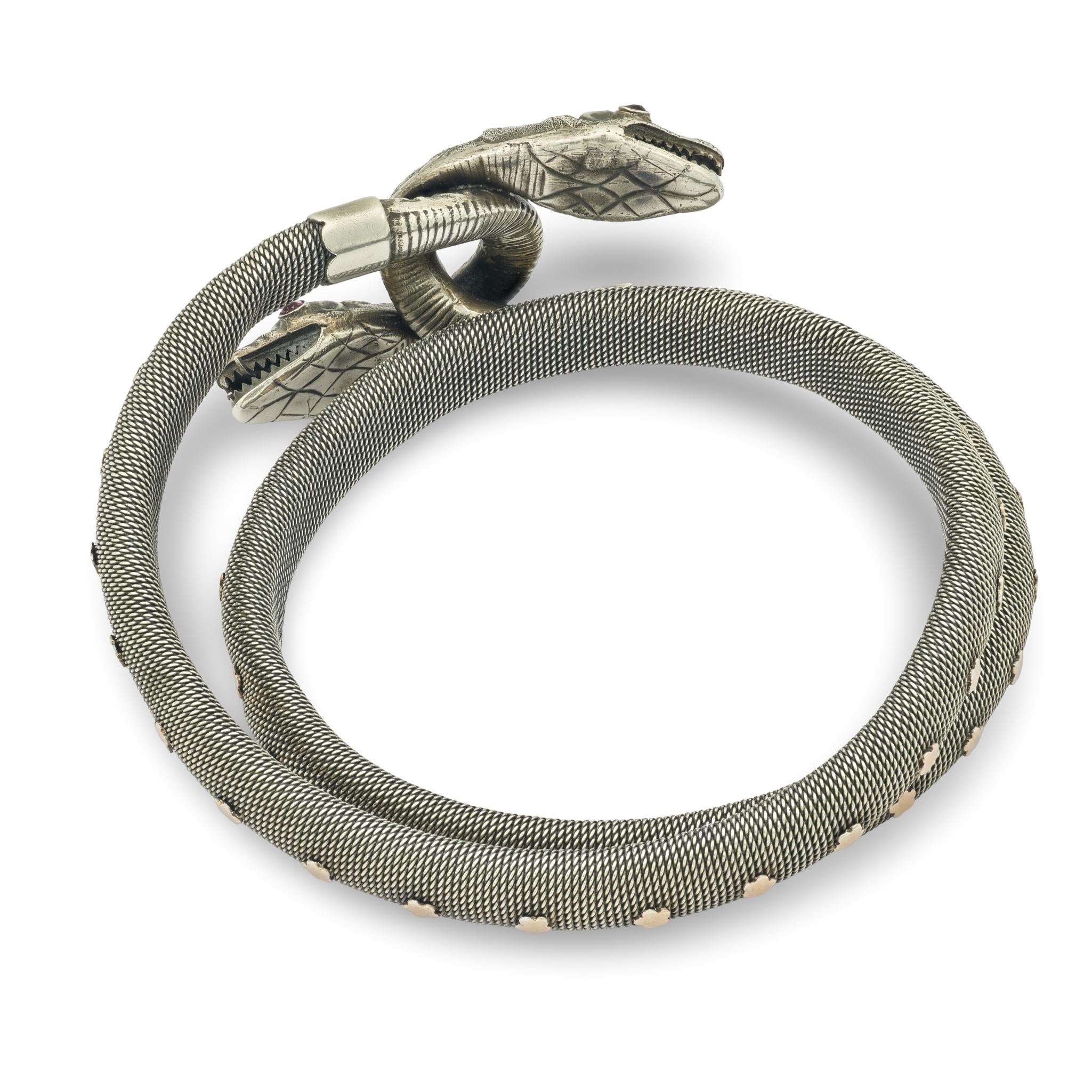 Victorian French Sterling Silver/Gold-Filled Garnet Snake Bracelet