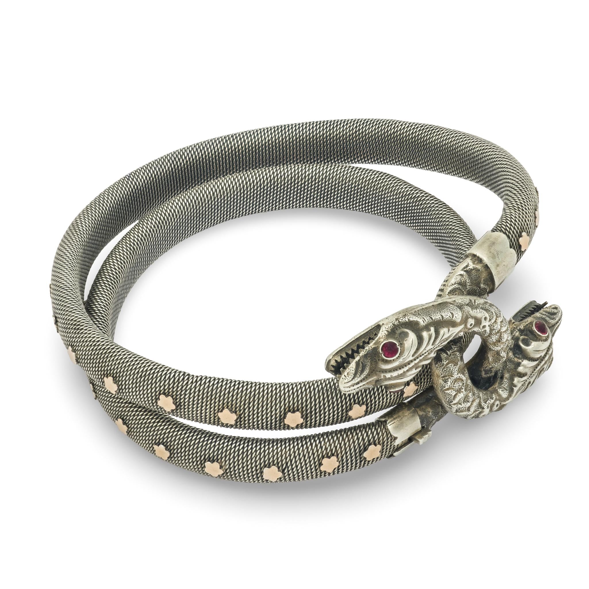 Victorian French Sterling Silver/Gold-Filled Garnet Snake Bracelet