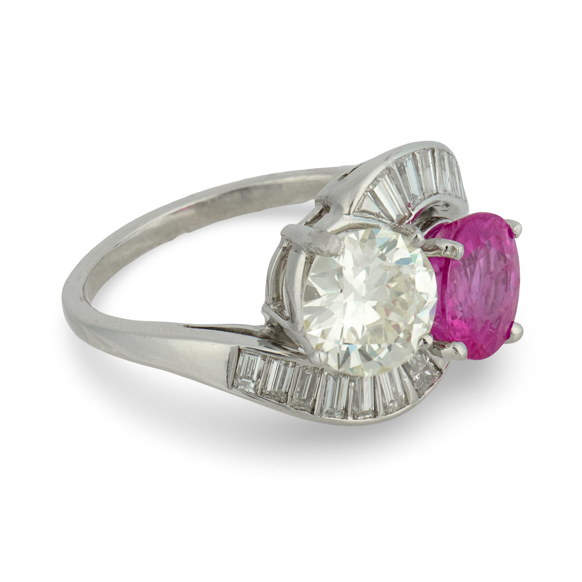 Estate Platinum Pink Sapphire & Diamond "Moi et Toi" Bypass Ring