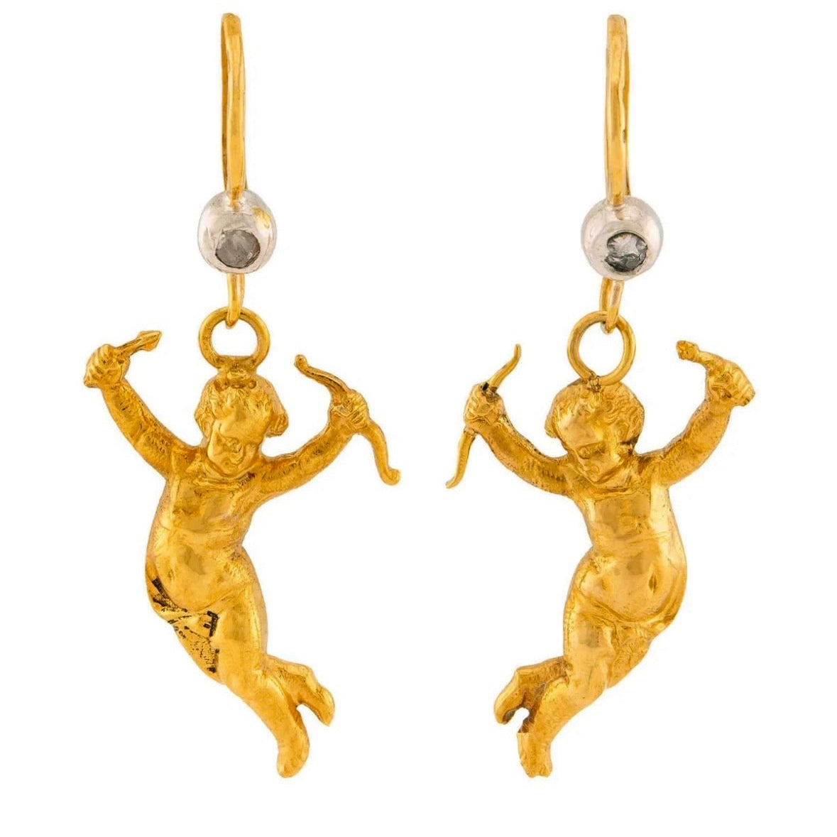 Victorian French 18k/Platinum Diamond Cherub Dangle Earrings