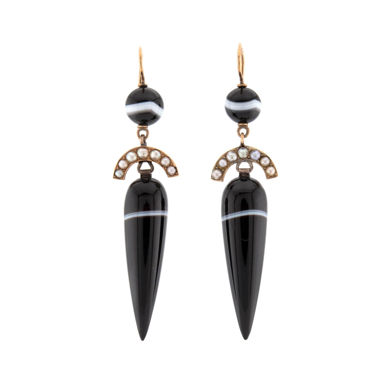 Victorian 14k Banded Agate & Pearl Drop Earrings