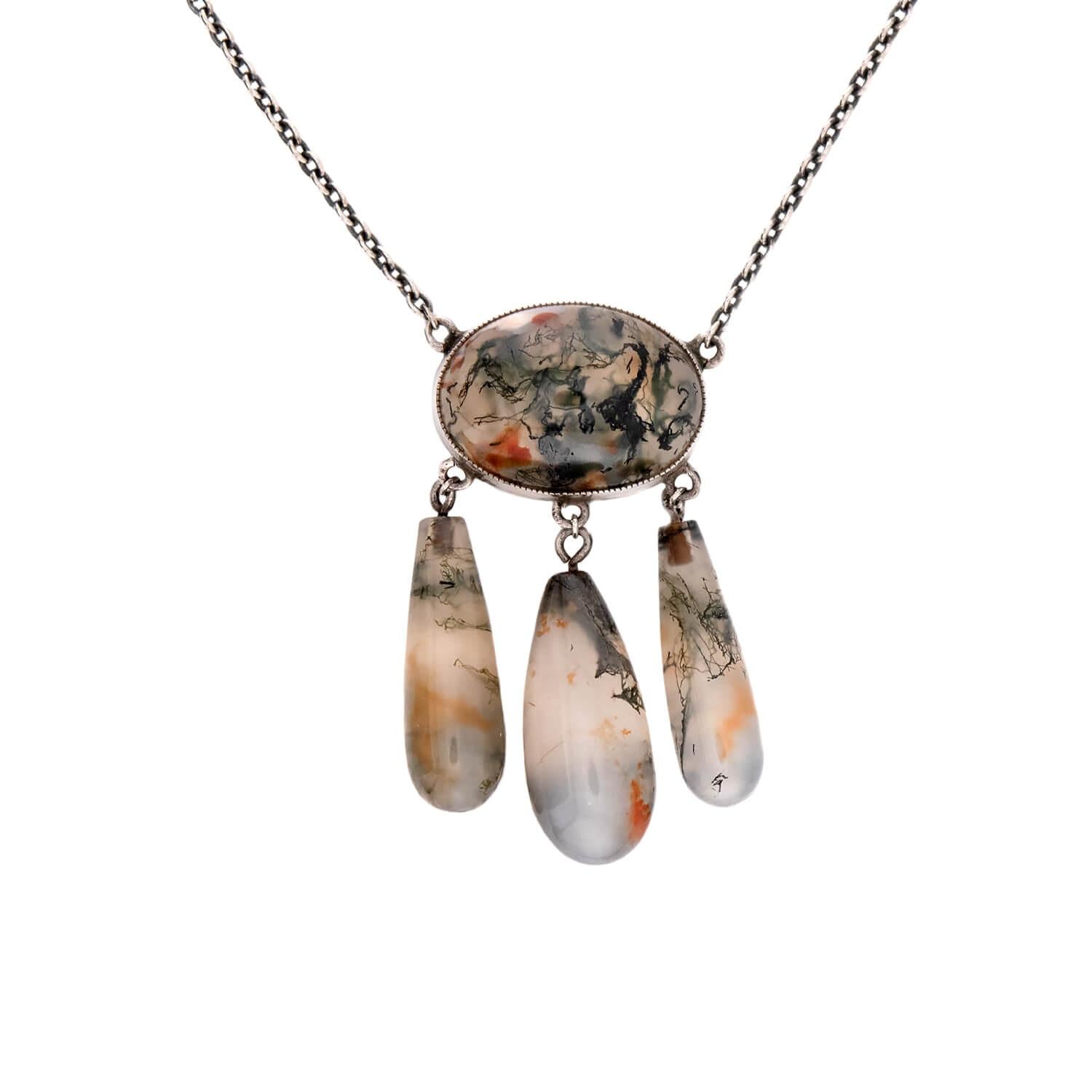 Art Nouveau Sterling Silver Moss Agate Pendant Necklace