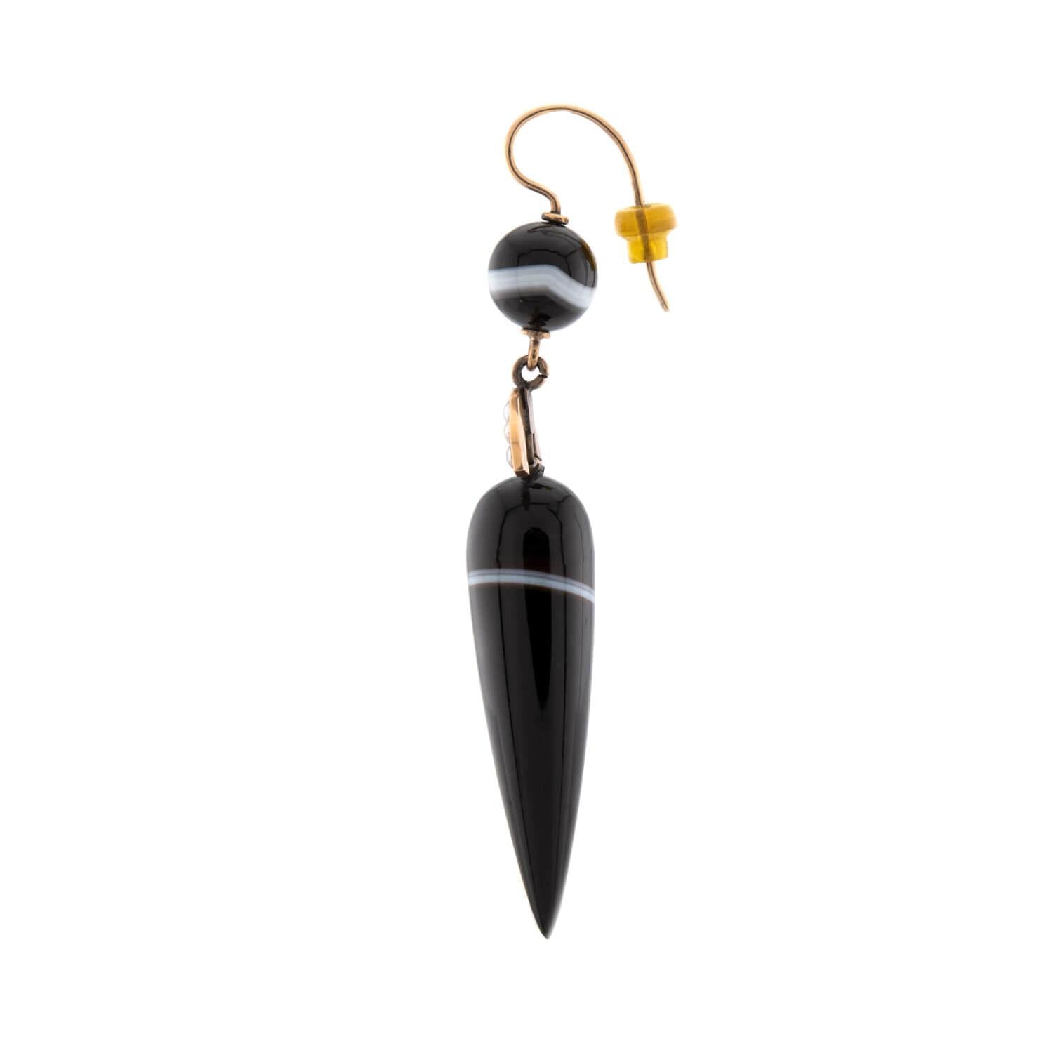 Victorian 14k Banded Agate & Pearl Drop Earrings