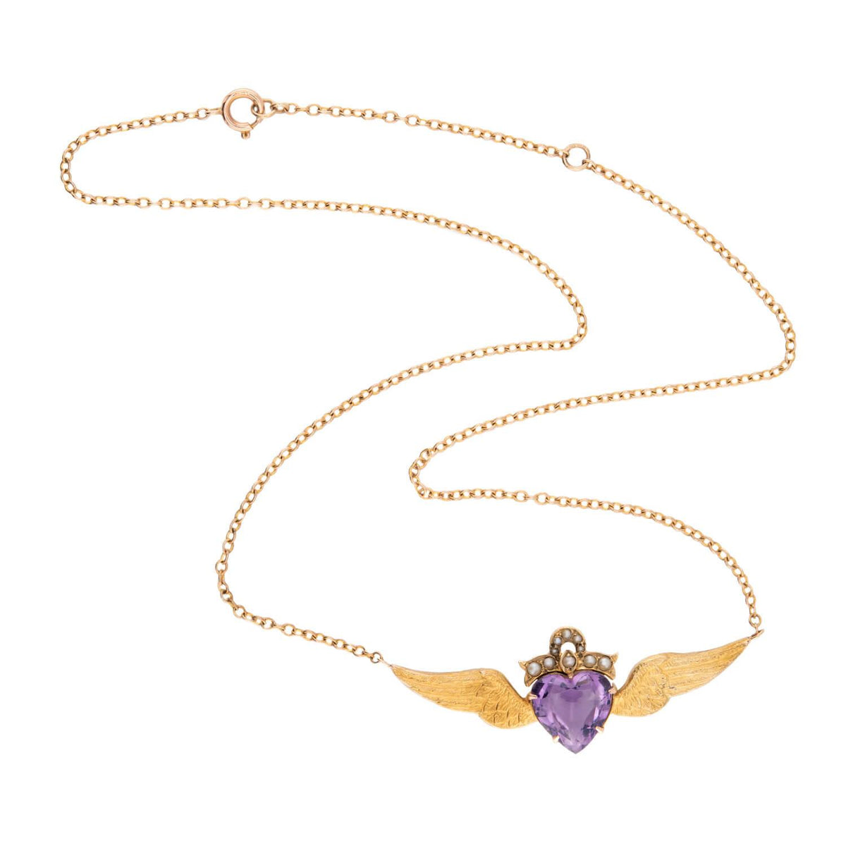 Victorian 15k/18k Amethyst & Pearl Winged Heart Pin/Pendant
