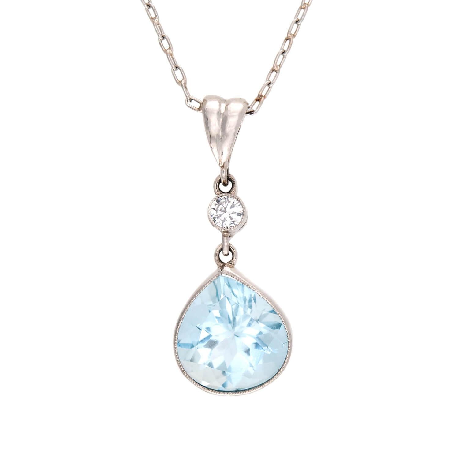 Estate 18k Aqua and Diamond Drop Necklace