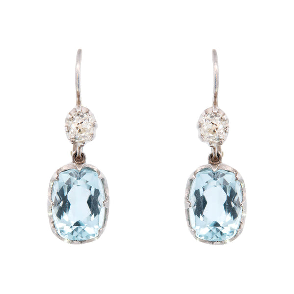 Art Deco 14k/Platinum Aquamarine + Diamond Earrings